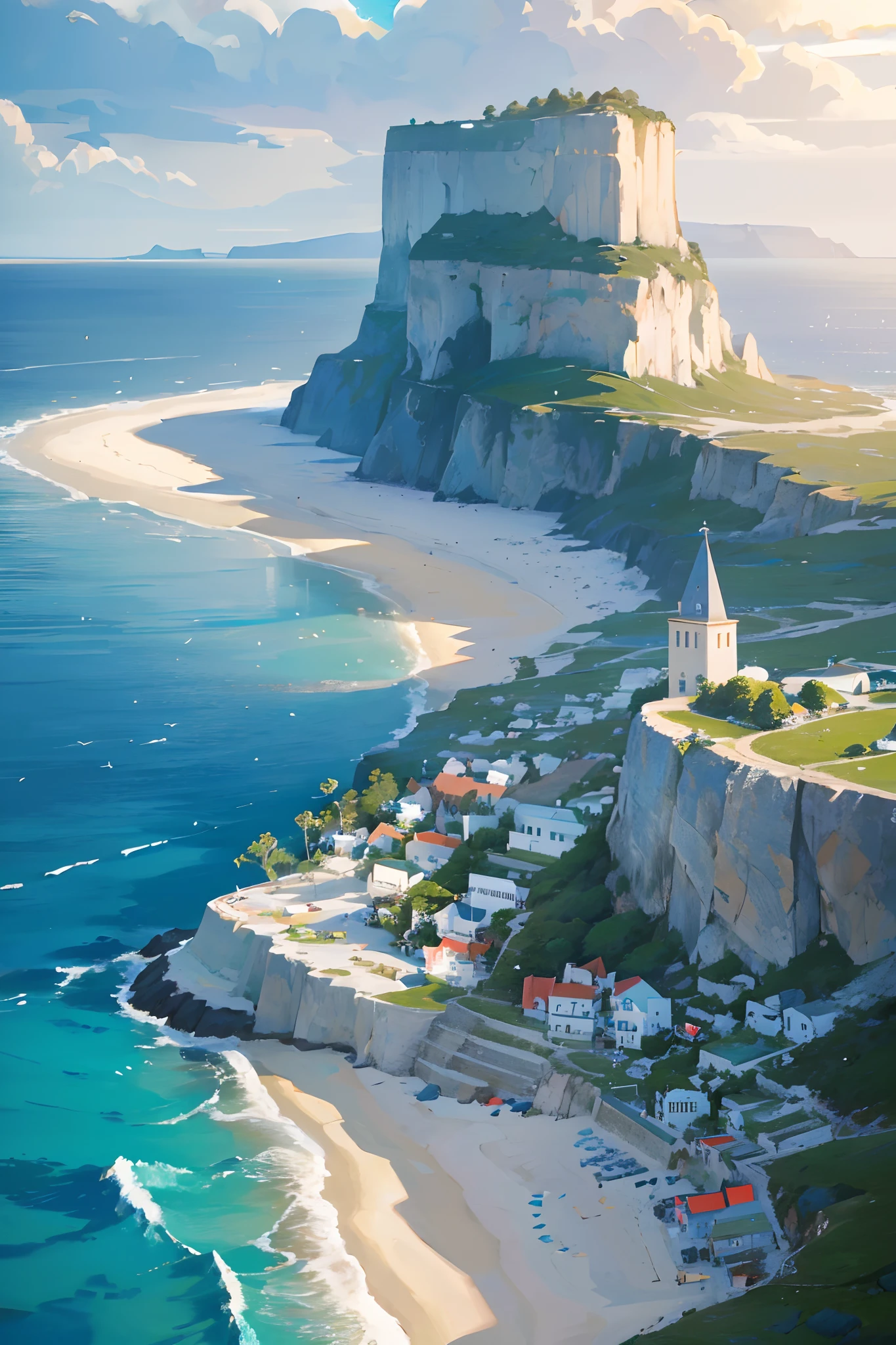best quality,(realistic:1.37),(highres:1.2)coastal village,cliffs,sea view,vibrant colors,warm sunlight,fishing boats,seagulls,peaceful atmosphere,serene mood,traditional architecture,fishing nets,crashing waves,distant horizon,tranquil setting,narrow streets,quaint houses,flag fluttering in the breeze,local residents,happy children playing on the beach,colorful flowers blooming,cozy cafes,seaside promenade,icy blue waters,rocky shorelines,fresh seafood,curling white clouds,clear blue sky,glistening sand,calm waters,seaside cliffs,majestic beauty of nature,seaside charm,relaxing getaway destination,rustic charm,salty sea breeze,secret coves,remote location,coastal adventure,peaceful coexistence with nature,tranquility of the sea.
