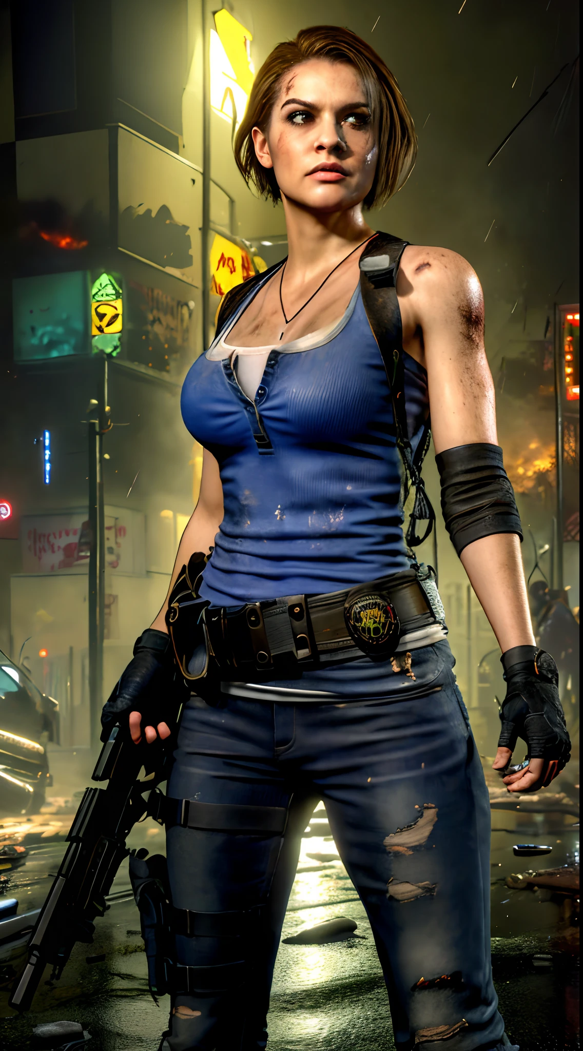 jillre3,youthful,jr3 outfit,serious expression,jr3 equipment,fighting stance,character,video game,short hair,(((damaged clothes))), gigantic breasts,slim waist,wide hips,high waist,serious expression,hard nipple,breasts about to burst of her clothing,dead rising,Resident Evil background,in the raccoon city,a horde of zombie,zombie apocalypse background,rain,wet clothes,Holding a rifle in both hands, best quality, masterpiece, intricate details, tonemapping, sharp focus, hyper detailed, trending on Artstation, realistic,(looking at viewer:1.4)