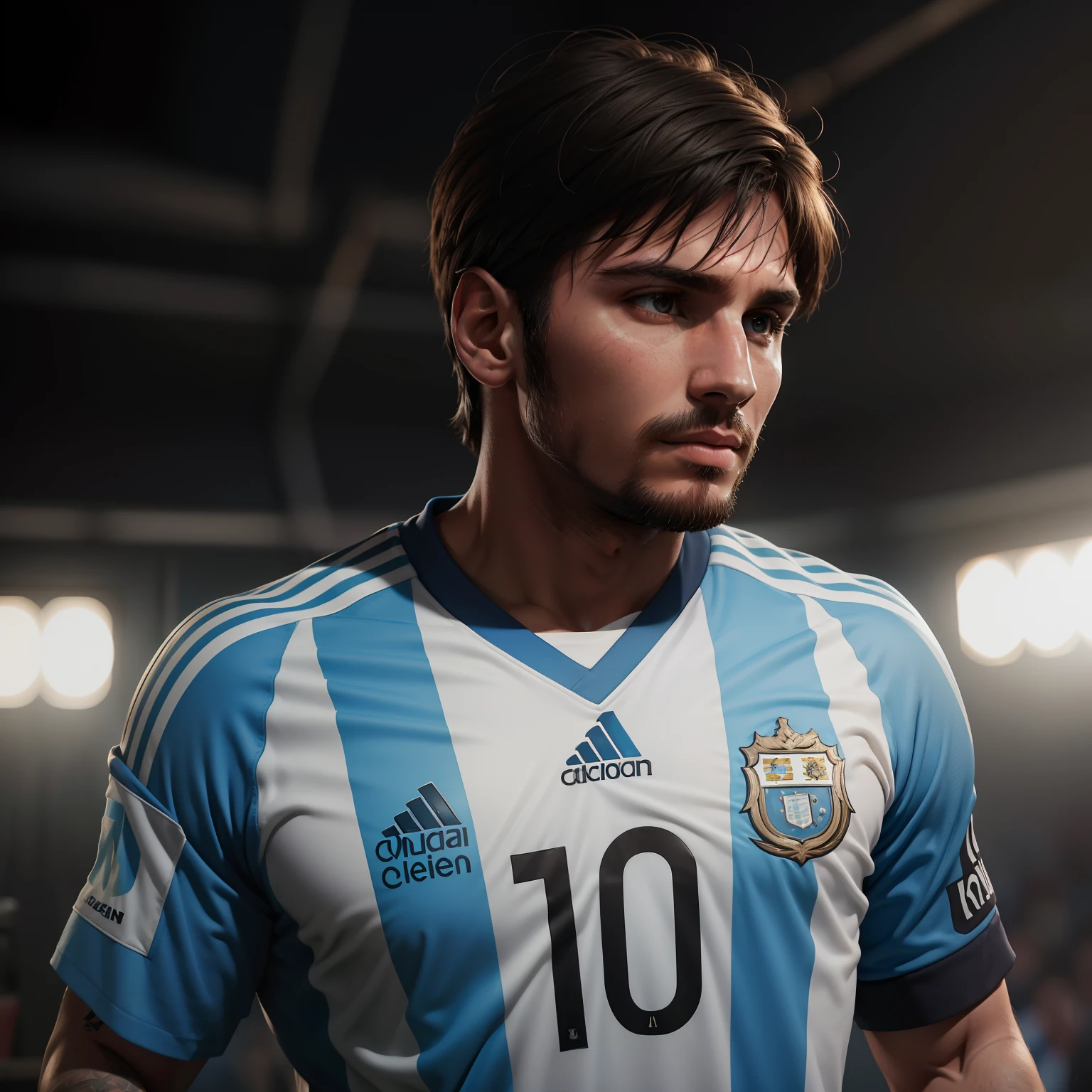 Leonel Messi con la camiseta Argentina en la Bombonera , mejor calidad, textura 8k, Altamente detallado, realista, soft cinematic light, HDR, foco nítido, obra-prima, fotorrealista, rewarded photography, Canon EOS R5, 35 mm.