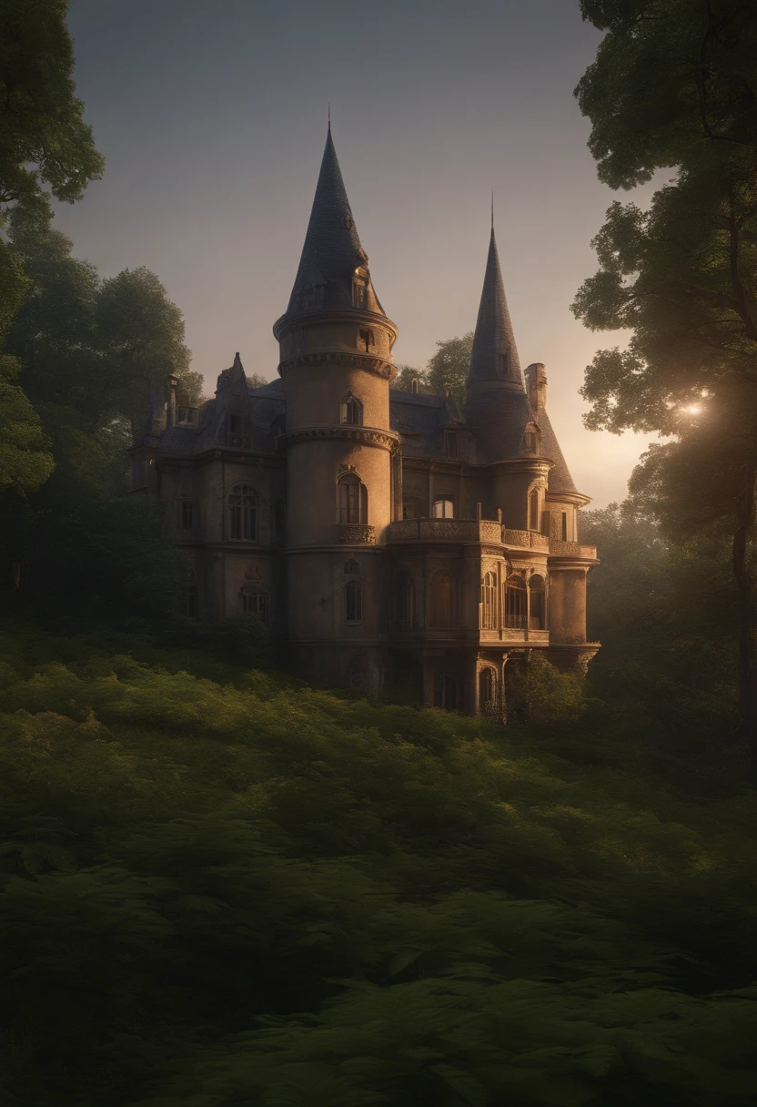 (Uncompressed high-resolution RAW photo:0.8), Abandoned overgrown castle mansion in the forest, (twilight), Sun, beautiody, Interesting lights and shadows, Focus blur:0.4, Masterpiece, (extremely detailed CG unity 8k wallpaper), 8k render, Wide-angle full body, plant, Tendencies Baby Worth