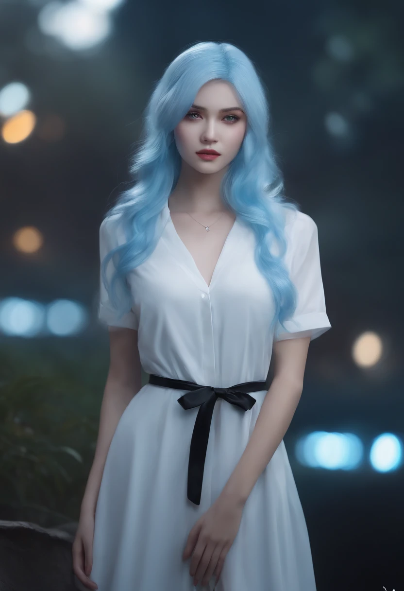 ((Masterpiece)), (Best quality), (Detailed), (1girll), (Internal data flow) Light blue gradient hair, light blue glowing eyes, Straight hair, Wearing a modern white shirt and black dress, Data particle override, nakeness