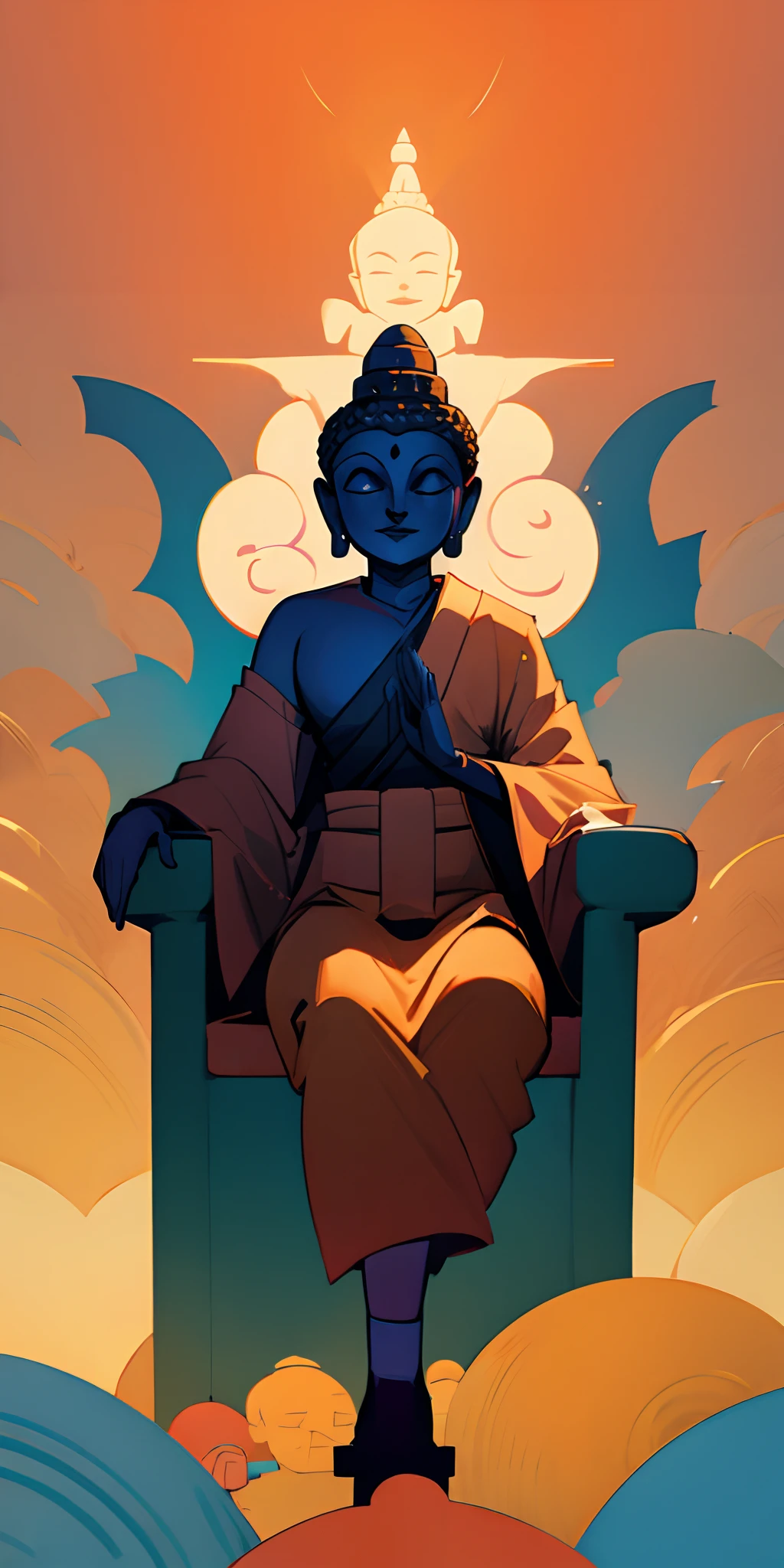 Buddha sitting on a throne lecturing thousands of gods