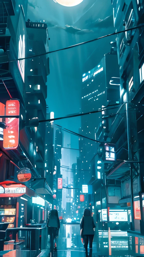 Movie quality，HD photos 8K，Skysky，full moon（Skysky），scenecy，softlighting，the night，Cyan neon，nigh sky，Shine，glitters，exteriors，buliding，​​clouds，The city of the future，cyber punk perssonage，fantasy cityscape