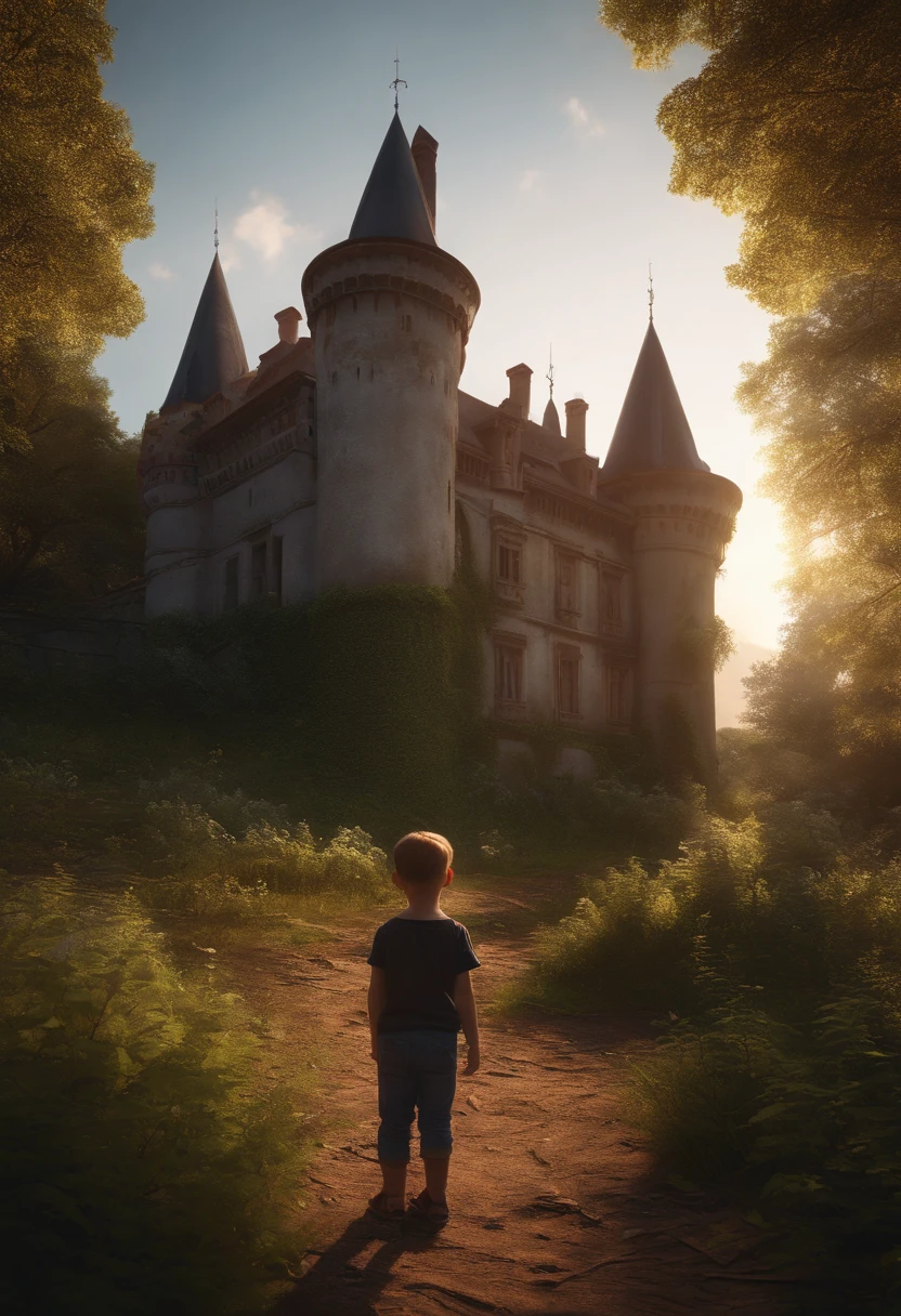 Uncompressed high-resolution RAW photo:0.8), Abandoned overgrown castle mansion in the forest, (twilight), Sun, beautiody, Interesting lights and shadows, Focus blur:0.4, Masterpiece, (extremely detailed CG unity 8k wallpaper), 8k render, Wide-angle full body, plant, Tendencies The  stands and looks at the castle