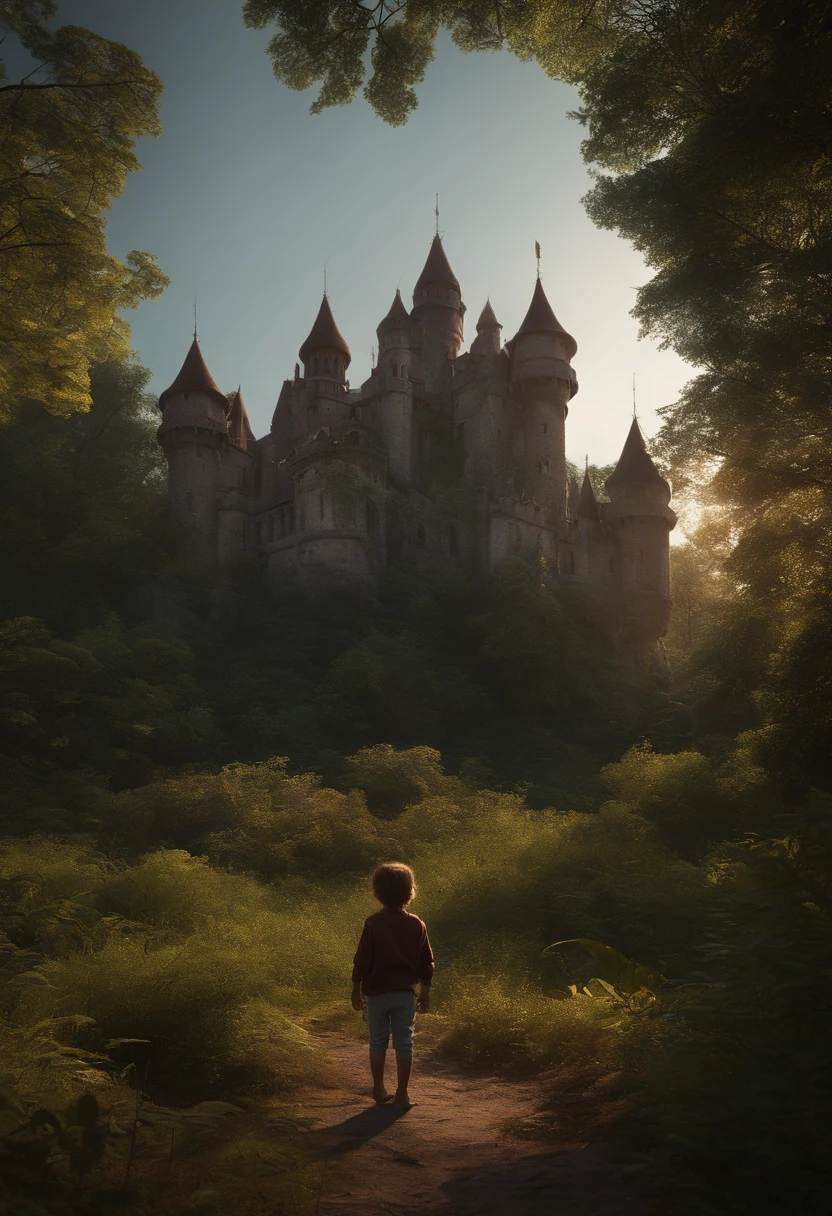Uncompressed high-resolution RAW photo:0.8), Abandoned overgrown castle mansion in the forest, (twilight), Sun, beautiody, Interesting lights and shadows, Focus blur:0.4, Masterpiece, (extremely detailed CG unity 8k wallpaper), 8k render, Wide-angle full body, plant, Tendencies The stands and looks at the castle