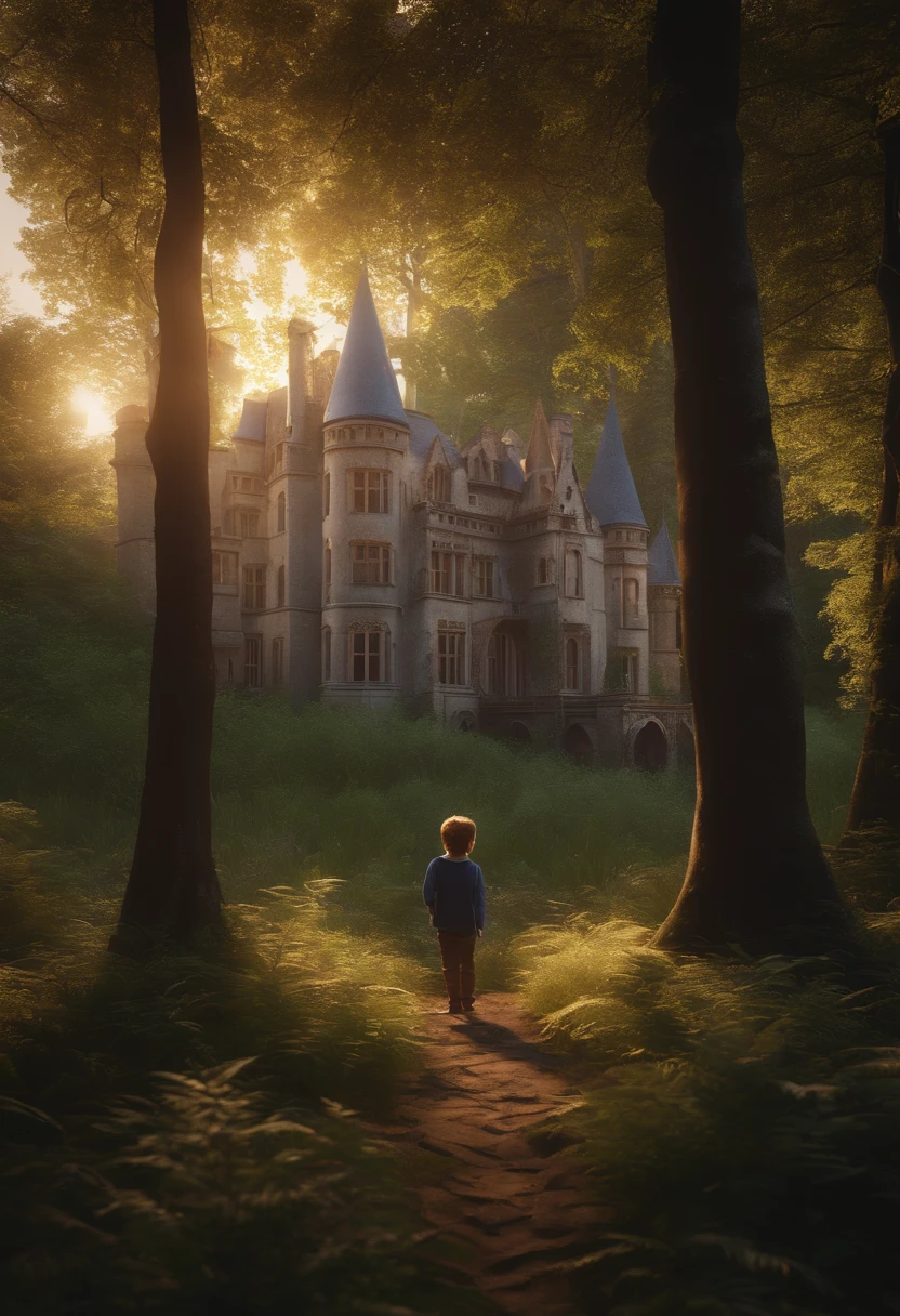 Uncompressed high-resolution RAW photo:0.8), Abandoned overgrown castle mansion in the forest, (twilight), Sun, beautiody, Interesting lights and shadows, Focus blur:0.4, Masterpiece, (extremely detailed CG unity 8k wallpaper), 8k render, Wide-angle full body, plant, Tendencies The child stands and looks at the castle