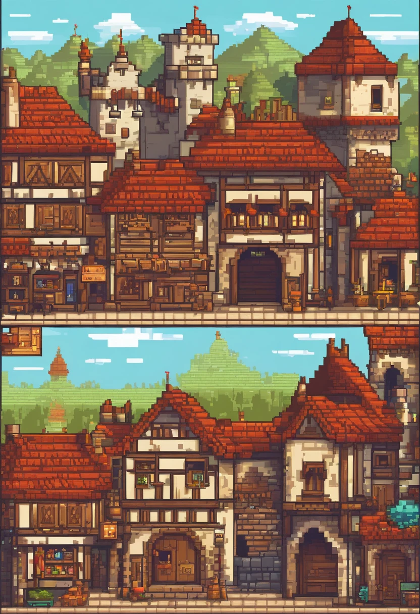Side-scrolling medieval town cartoon