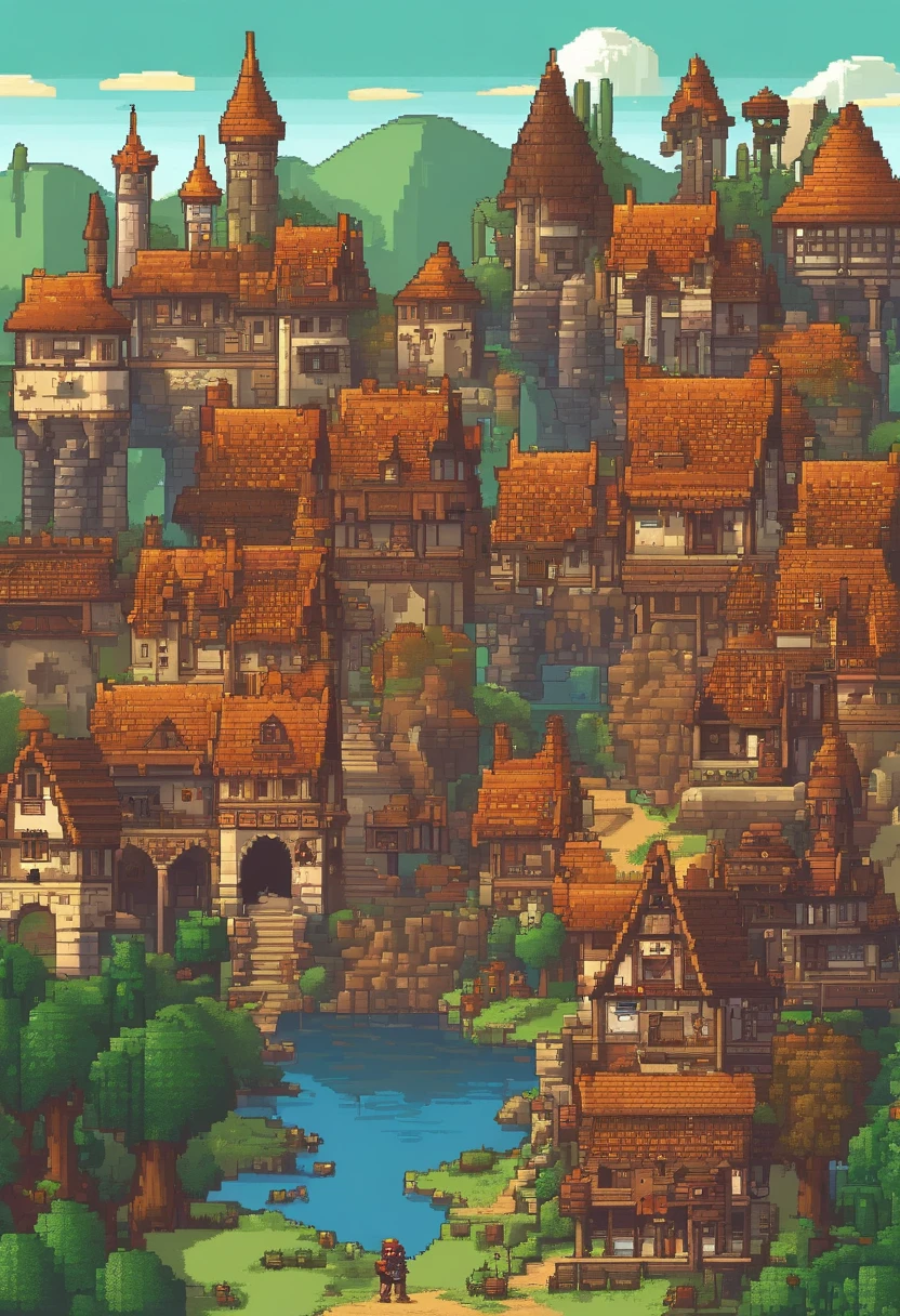 Side-scrolling medieval town cartoon