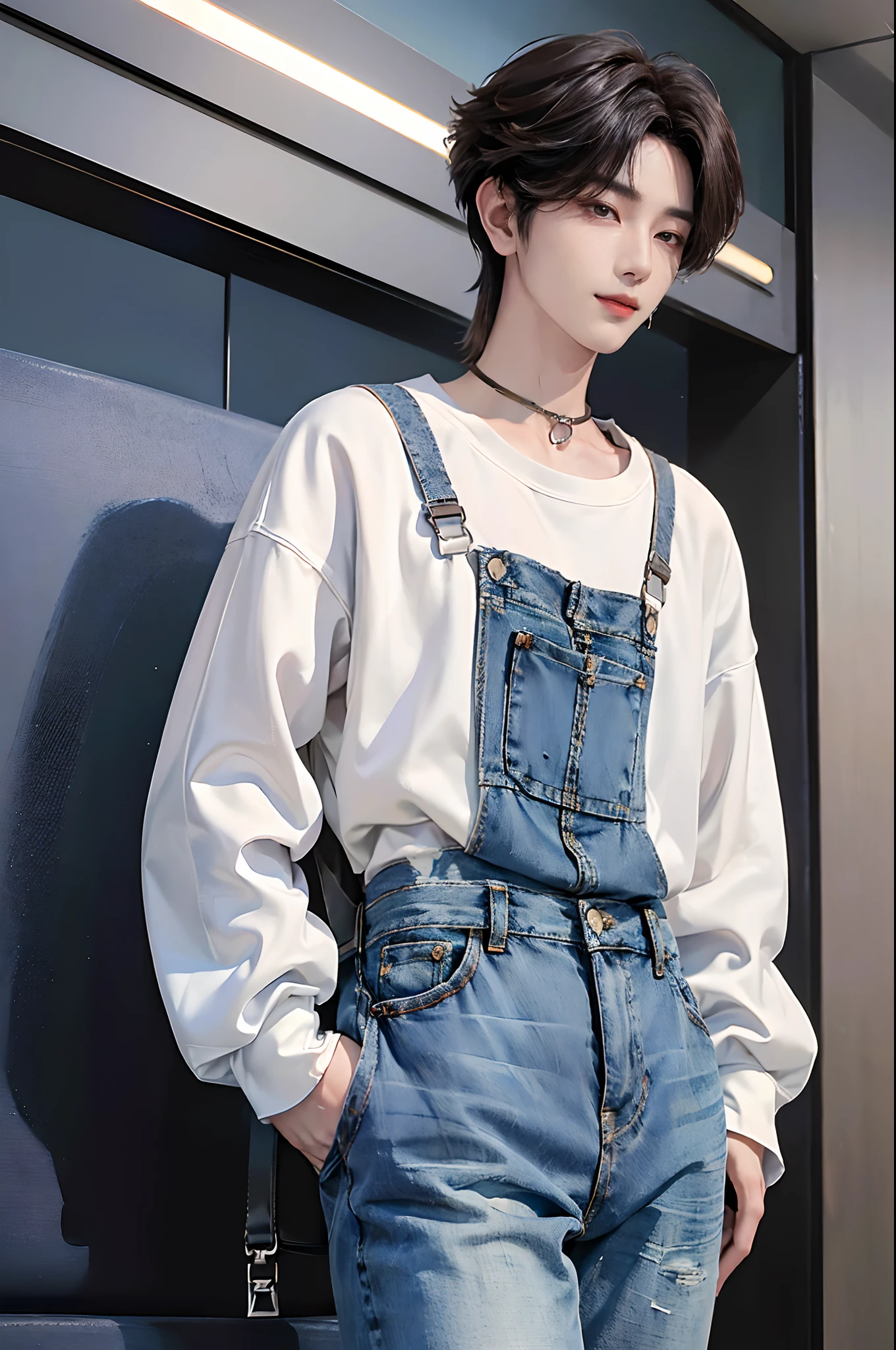 ((4K works))、masterpiece、(top-quality)、((high-level image quality))、((One Manly Boy))、Slim body、((Jeans Fashion))、((Men's Fashion))、((Carry a backpack and passport in hand))、(Detailed beautiful eyes)、At the airport、Face similar to Chaewon in Ruseraphim、((short hair above the ears))、((Smaller face))、((Neutral face))、((Light brown eyes))、((Korean boy))、((18year old))、((Handsome man))、((Smiling expression))、((Korean Makeup))、((elongated and sharp eyes))、((photo of a model))、((Like a celebrity))、Professional Photos、((Shot alone))、((Walking around the airport))、((He's a lot of people々Walking sideways))、((shot from a side angle))、((Wave to viewers and fanservice))