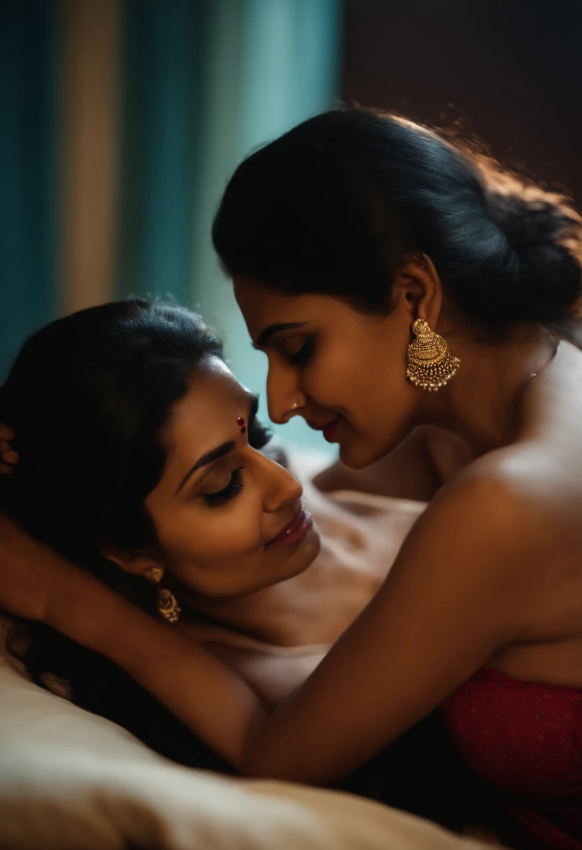 Two indian sexy women,1 woman is a milf with35 to 40year age,otherwoman is young with 17 to 20year old aggressively making out, on bed, night time, hugging tight, kissing passionately, lips touching, revealing clothes, stripping, bare skin, absolutely hot