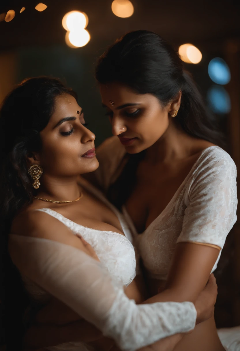 Two indian sexy women,1 woman is a milf with 35 to 40year age,otherwoman is young with to 17 old aggressively making out, on bed, night time, hugging tight, kissing passionately, lips touching, revealing clothes, stripping, bare skin, absolutely hot