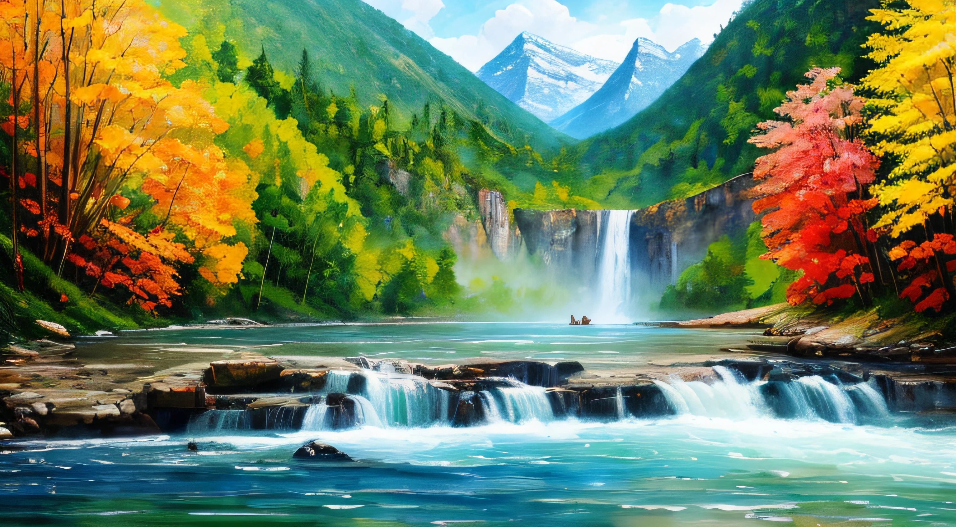 painting of fishing boat in river with a waterfall, Mountains background, 4 k watercolor painting, beautiful painting, 4 k, cottage in the forest, beautiful watercolor painting on paper, beautiful digital painting, smooth oil painting, beautiful art uhd 4 k, 8 k hd detailed oil painting, oil digital painting, Colorful Landscape Art On Canvas By Leonid Afremov