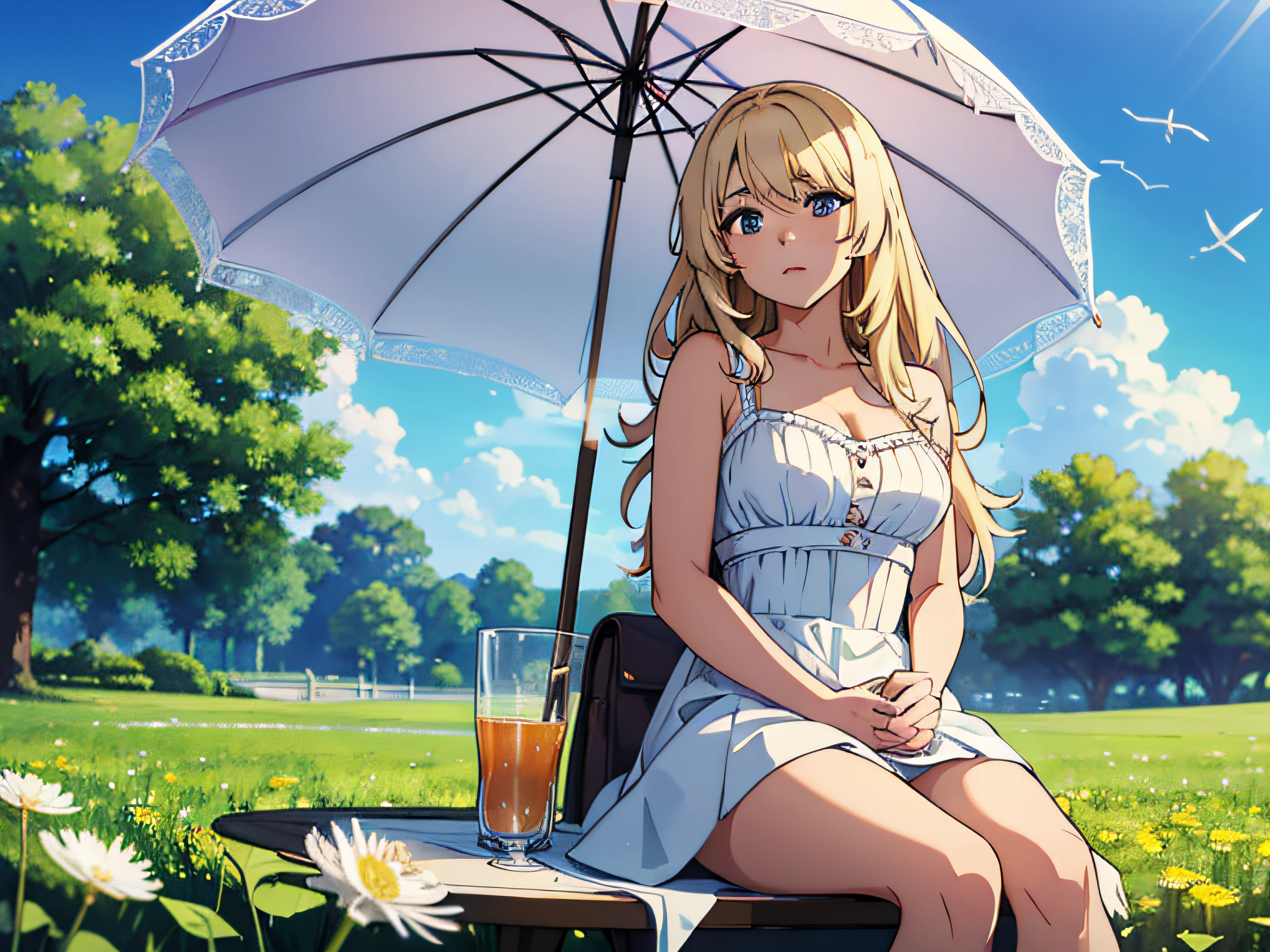 1anime girl sitting in nature at a white table under an umbrella and drinking from a glass, Beautiful girl in close plan, Average Breasts, beautiful hair, Tender Scene, Depth of field, Beautiful trees and flowers in the background, super detaill, detailized face, Detailed hands, Beautiful dress on a girl, super quality, tmasterpiece, blue sky with clouds, Realistic light, rassejanjy world, Flying dandelions in the background