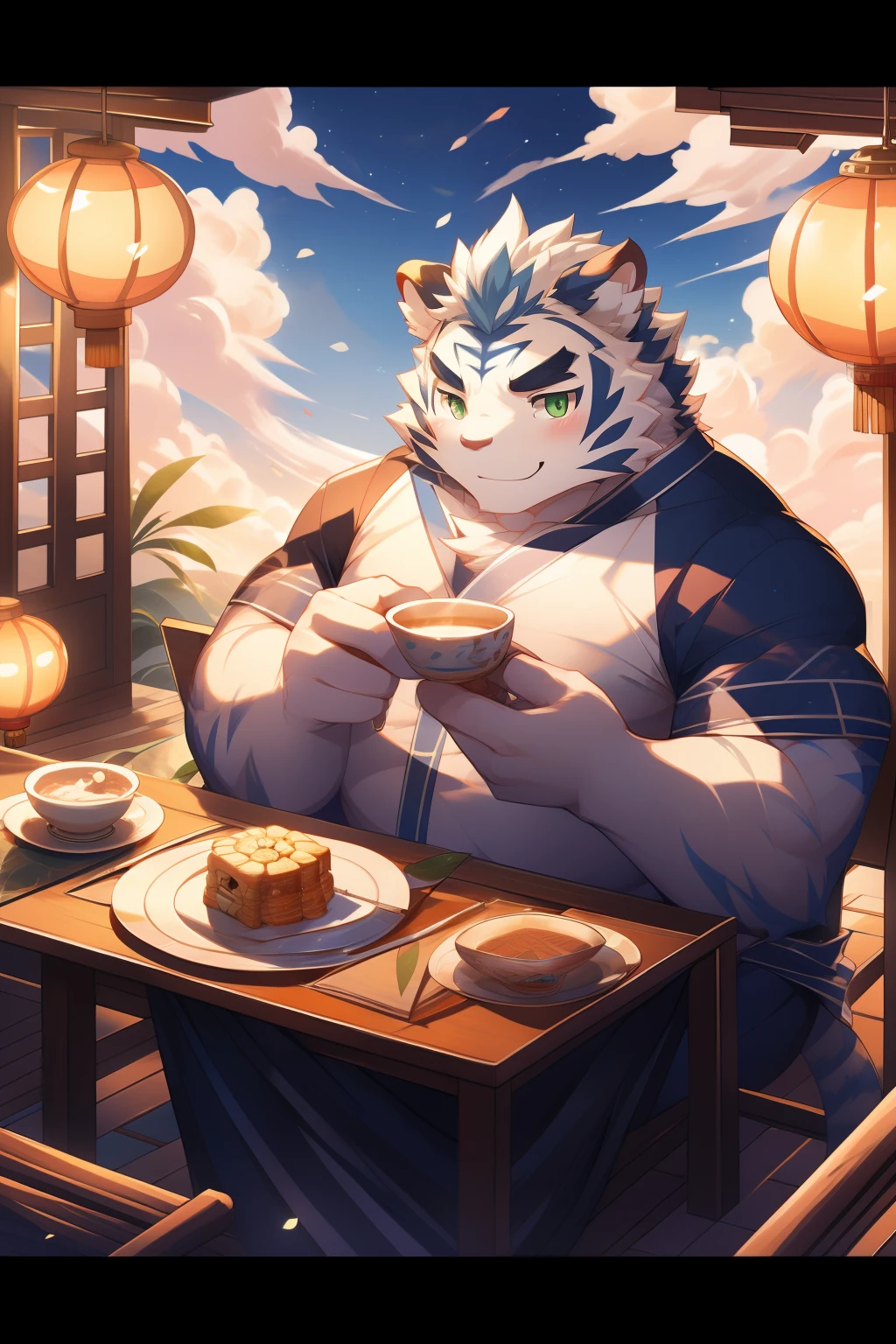 tmasterpiece，the night，Anthropomorphic white tiger，male people，26 year old，Thick eyebrows，Light blue fur，Strong body，large pecs，bare full body，Pink milk clusters，white fundoshi，medium bulge，Sit at the table，Hold a cup of hot tea，A plate of mooncakes on the table，vapour，ssmile，Be red in the face，Look at the sky，Blue-green pupils，Strong，Solo，Lateral face，Full body photo，A huge full moon in the sky，Auspicious clouds，green plant，Chinese classical courtyard，paper lanterns，Red candles