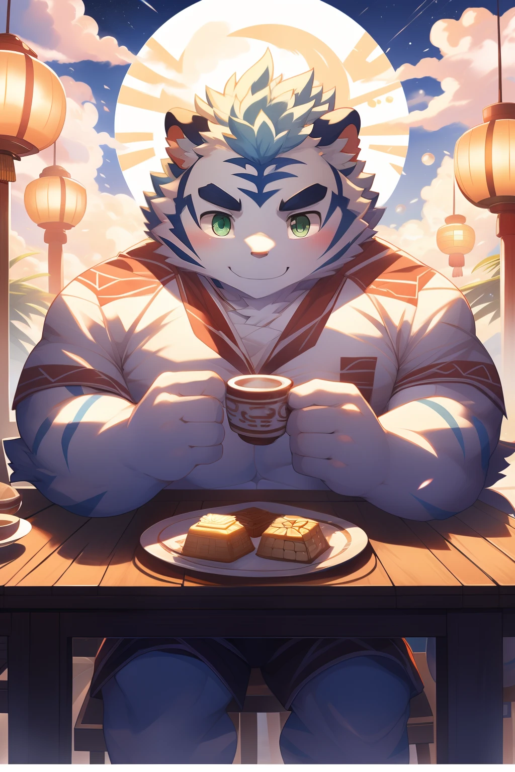 tmasterpiece，the night，Anthropomorphic white tiger，male people，26 year old，Thick eyebrows，Light blue fur，Strong body，large pecs，bare full body，Pink milk clusters，white fundoshi，medium bulge，Sit at the table，Hold a cup of hot tea，A plate of mooncakes on the table，vapour，ssmile，Be red in the face，Look at the sky，Blue-green pupils，Strong，Solo，Lateral face，Full body photo，A huge full moon in the sky，Auspicious clouds，green plant，Chinese classical courtyard，paper lanterns，Red candles