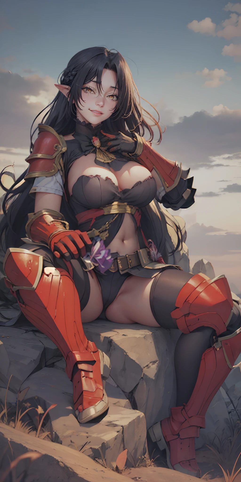 , purple_eyes, long_hair, pointy_ears, , looking_at_viewer, parted_bangs, gloves, large_breasts, belt, sitting, sky, armor, outdoors, cloud, solo, bangs, covered_navel, smile, gauntlets, thighs, shoulder_armor, weapon, cloudy_sky, rock, purple_hair, sidelocks, fingerless_gloves, closed_mouth, black_gloves, navel, day,
