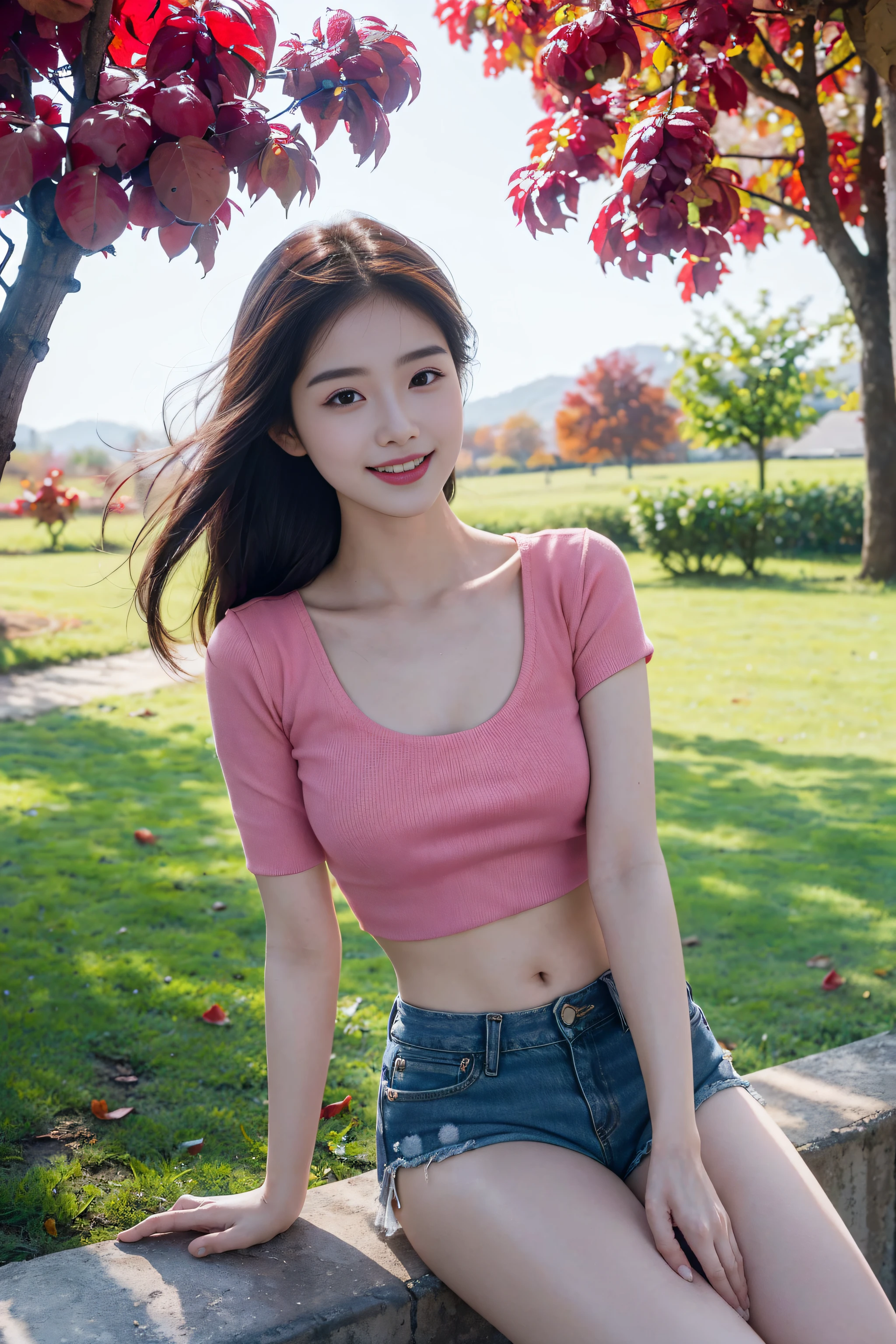(Best quality, Complex details: 1.2,Realistic:1.2) ,A girl\(23 years old\),[Liu Yifei:0.9],(pink|red top bank:1.2),(Extra-short denim shorts)，(farmhouse:1.2),tree,Red leaves,autumn,bare braid, smile,siting,(white skin:1.2),