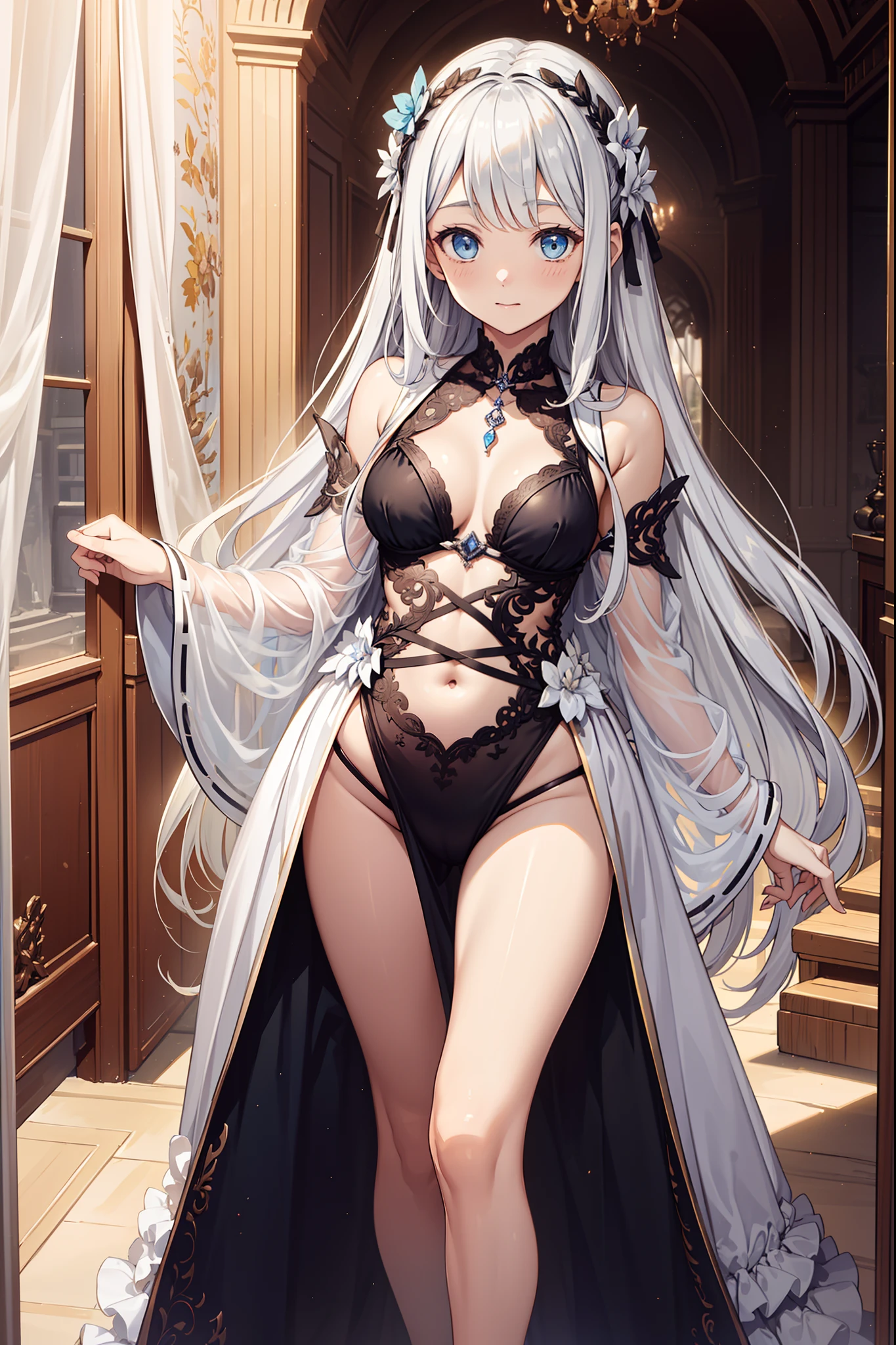 (Best quality,4K,8K,A high resolution,Masterpiece:1.2)，teens girl，Enchanted，having fun，Being in love，pale robe，blond hairbl，Sky Blue Eye,Dark black swimsuit,see-through transparent clothes，Sheer White Cloth，A small amount of lace，A small number of folds，exquisite costumes，Gorgeous bedroom，solo person，the night