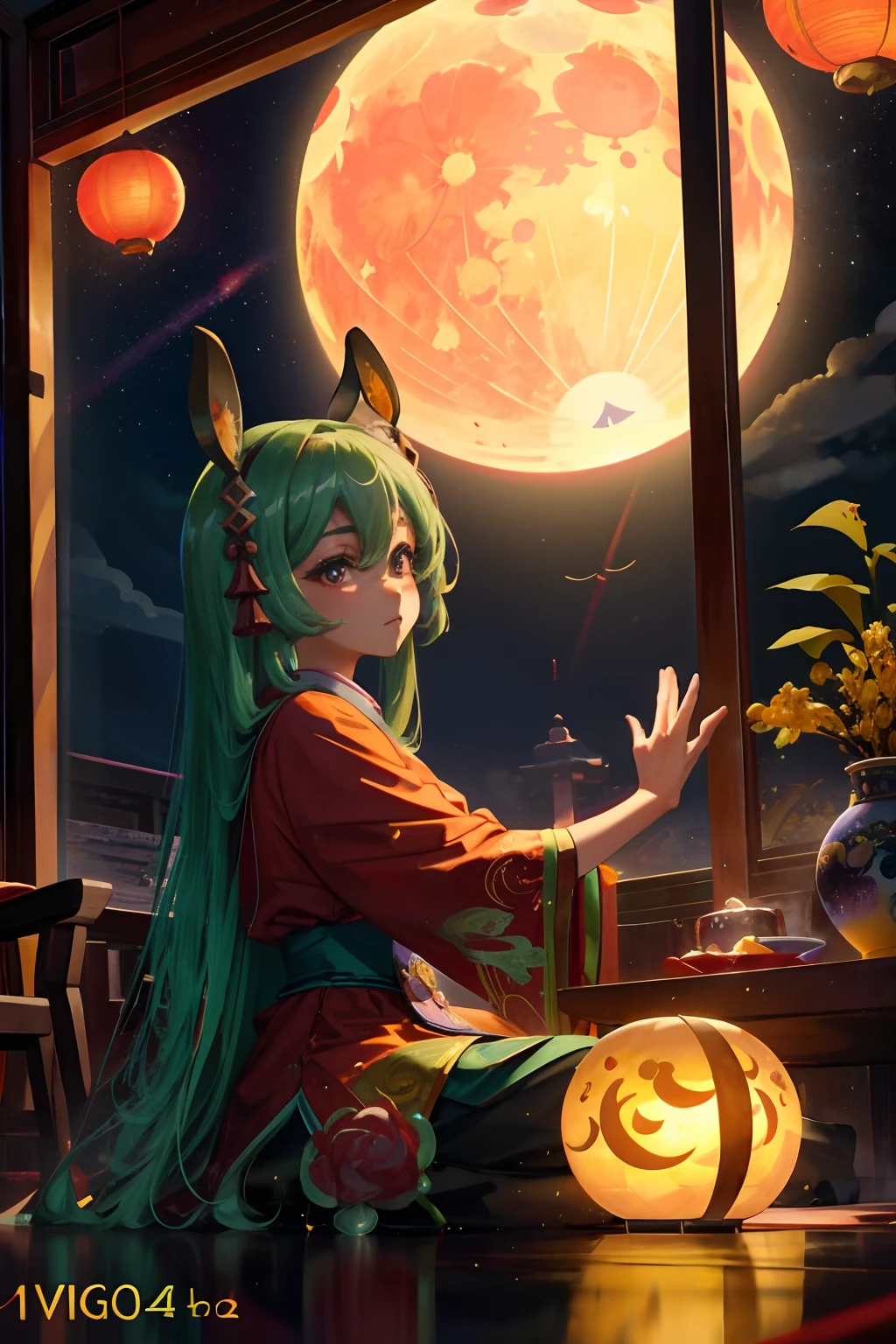 Solo,Mid-Autumn Festival ，Jade Rabbit Chang'e，jubilation，Moon cake，nigh sky，fine art photography，(Movie Angle: 1.2),(Best quality, Detailed details, Masterpiece, offcial art, movie light effect, 4K)