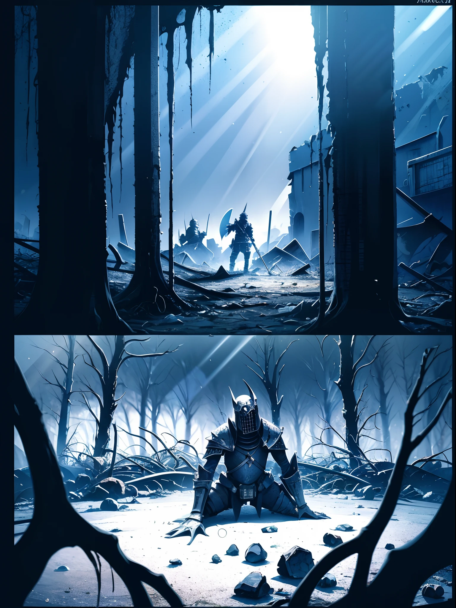 comic_layout, metal maden male chaos warrior of khorne in armor is holding a great sword in a ruined post-apocalyptic city, skulls mask, sci-fi, fantasy, horror, skulls on the ground, blood, Tornado, Roman, Empty chairs,Tangled roots,Key, Warped,Mangled,Ethereal, (Isolation:1.1), (Glaze:1.1), (Reflected light:1.2), Glass, Polygon, ultra detailed, intricate, oil on canvas, dry brush, (surrealism:1.1), (disturbing:1.1)