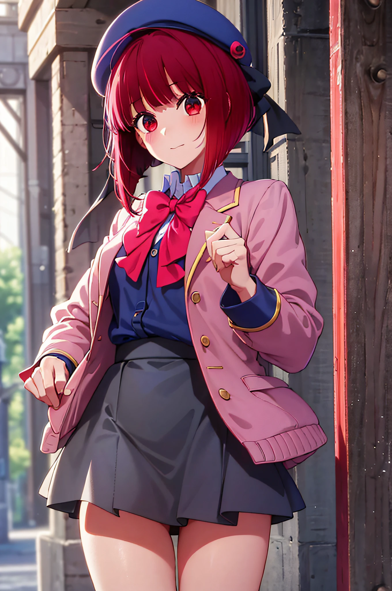 Masterpiece, Best Quality, High Resolution, Ultra High Resolution, Depth Of Field,1girl, red eyes, red hair, bob hair, school_uniform, blue beret, pink_red bowtie, blue_jaket, grey miniskirt , standing, school