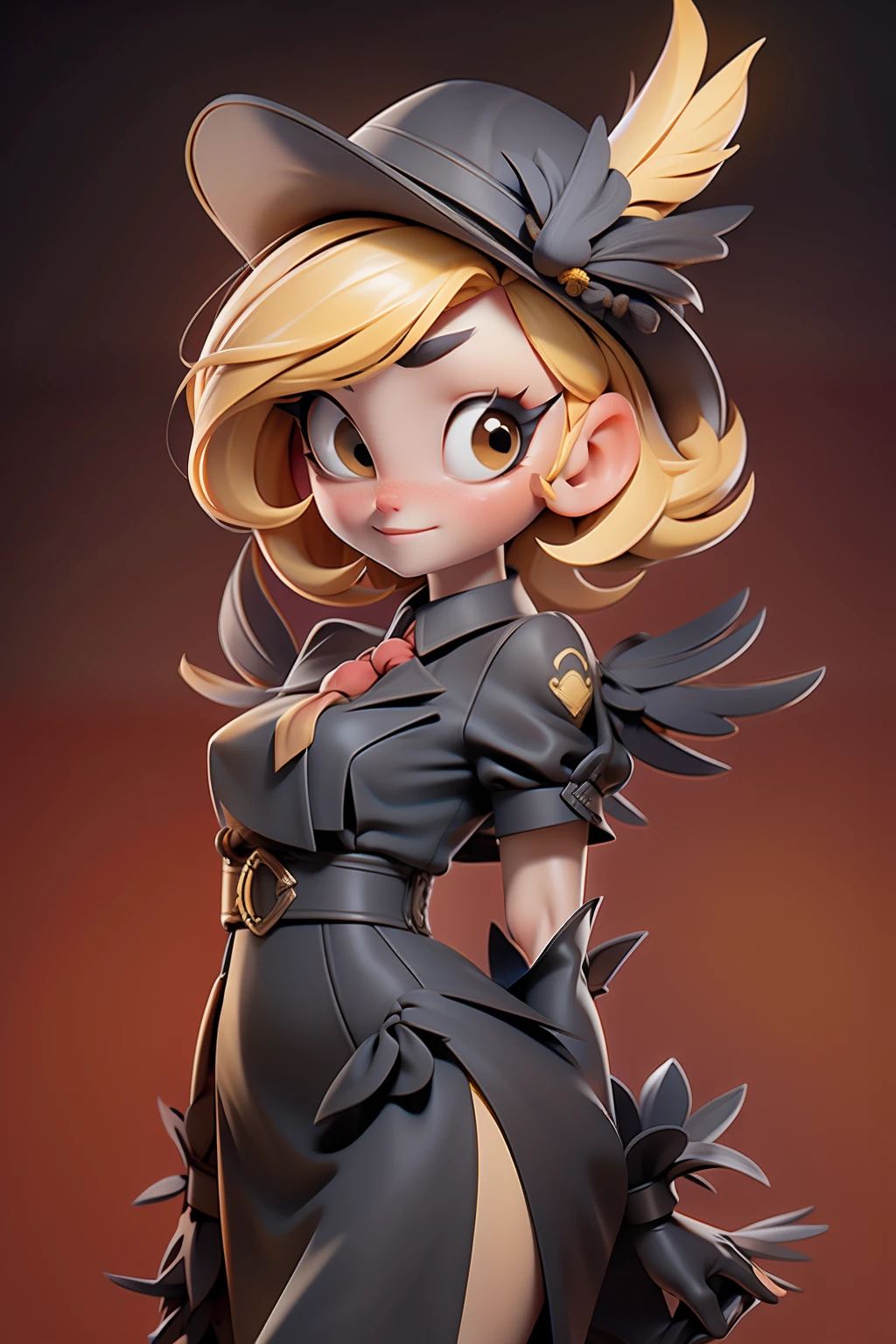 girl with short yellow blond hair with wings, fine tall lady, black gloves, black long red dress(paris style), hat with feathers, red necktie, cute pretty face with wide eye, france background