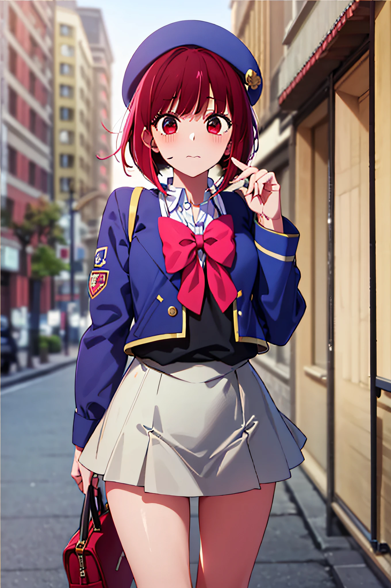 masutepiece, Best Quality, High resolution, Ultra High Resolution, depth of fields,1girl in, Red Eyes, Red hair, Bob Hair, School_uniform, Blue beret, Pink_red bowtie, Blue_jaket, Miniskirt , Standing, School