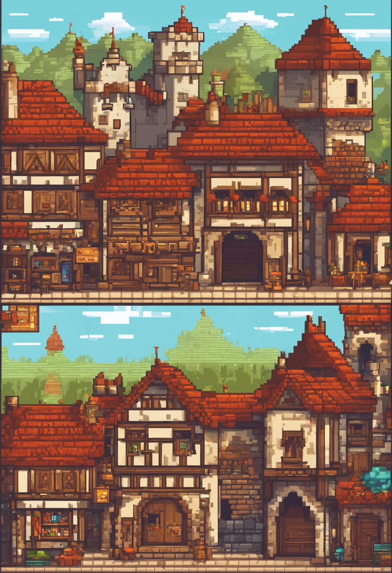 Side-scrolling medieval town cartoon