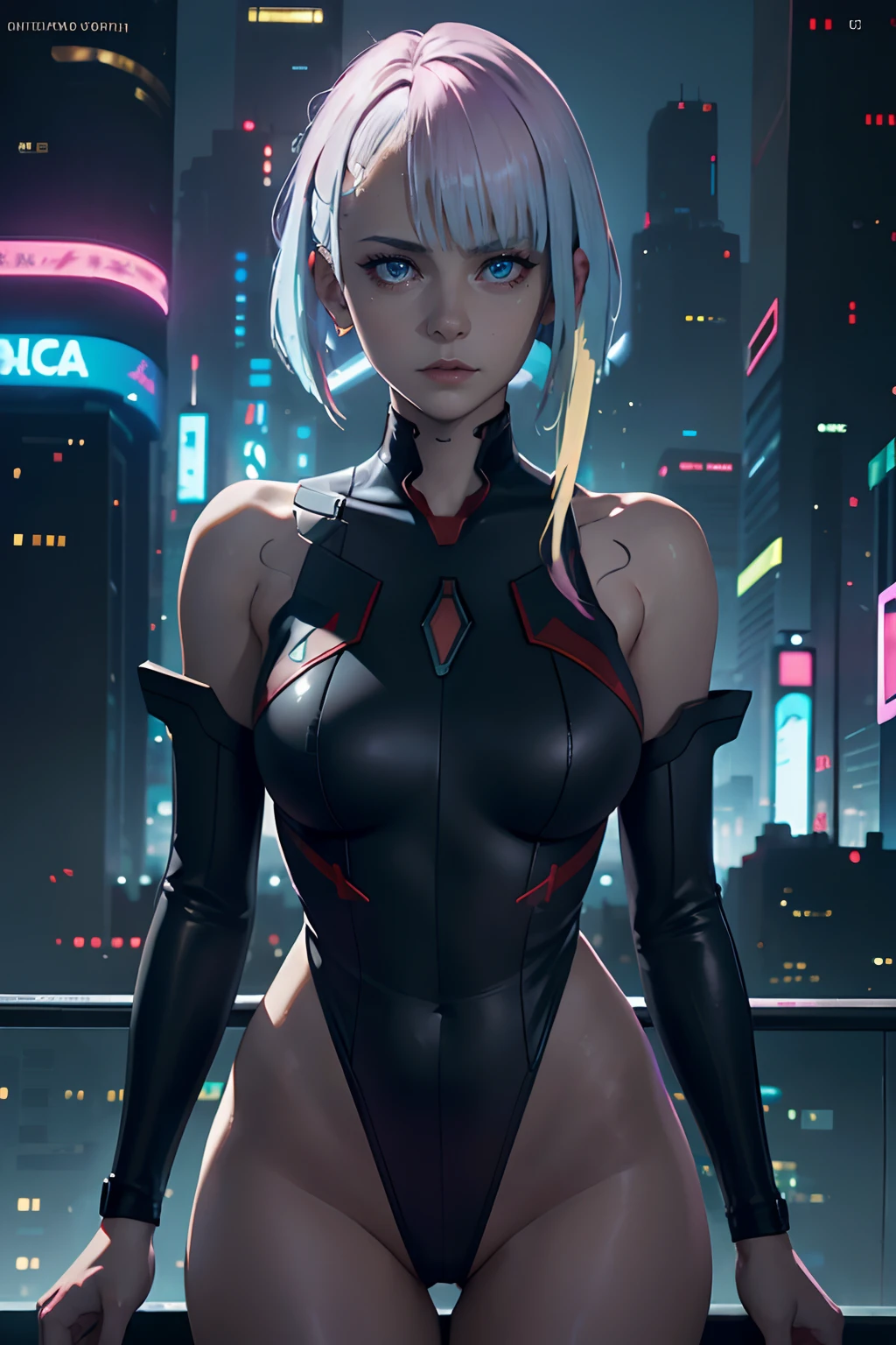 Hyper realistic super detailed sexy woman, Une fille confiante, NSFW (en anglais seulement) (en anglais seulement) (en anglais seulement) (en anglais seulement), Very detailed, expressions faciales sexy, seductive facial expressions, [:(Face detail: 1.4): 0.4], 16K resolution, 4k resolution, dinamic lighting, High definition resolution, (sexy pose, Position attrayante), (hyper realistic: 1.4), (back light: 1.2), (sun light: 1), (pleine hauteur: 1.8),(contrasting background: 1.5), (Anatomy of the hyperrealistic arm), (Hyperrealistic anatomy of the legs), (peau propre), (lighting cinematic: 1.7), (intime), (Technologie NVIDIA RTX Ray Tracing), (Anatomy of the hyperrealistic arm: 2), (Ventre plat parfait), (image couleur), Create a masterpiece in 4K resolution, ultra-realistic, and extremely detailed, avec Lucy de 'Cyberpunk: Edgerunners.Lucy is the central character of this work, Known for his cyberpunk style and captivating presence. Elle se tient dans un paysage urbain cyberpunk futuriste, where neon lights and holographic billboards illuminate the night. Lucy has striking platinum blonde hair that contrasts with the dark, Environnement urbain granuleux... His eyes are a piercing shade of electric blue, reflecting its high-tech upgrades and forward-thinking personality. She is dressed in cyberpunk-inspired lingerie that combines fashion and functionality....., mettre en valeur sa confiance et son allure. The work must represent Lucy in full body. The cyberpunk cityscape must be rendered with meticulous attention to detail, souligner, La nature high-tech du monde.