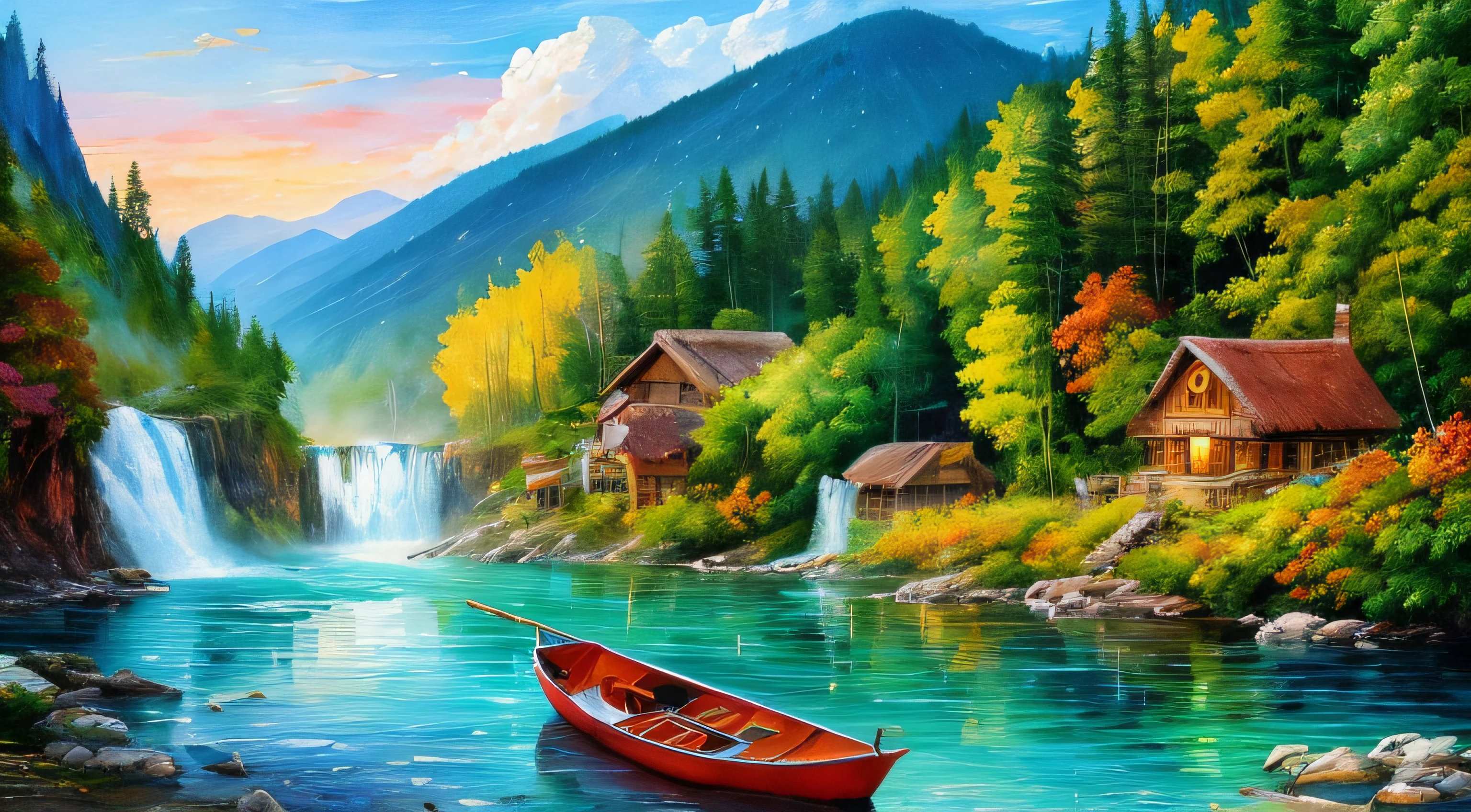 painting of fishing boat in river with a waterfall, Mountains background, 4 k watercolor painting, beautiful painting, 4 k, cottage in the forest, beautiful watercolor painting on paper, beautiful digital painting, smooth oil painting, beautiful art uhd 4 k, 8 k hd detailed oil painting, oil digital painting, Colorful Landscape Art On Canvas By Leonid Afremov