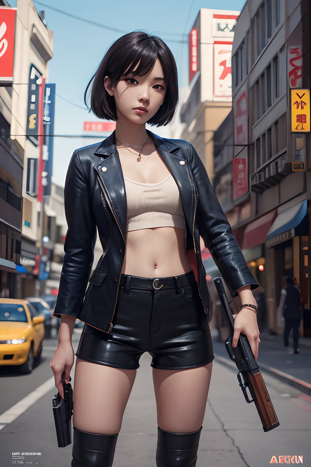 art by katsuya terada, art by range murata, art by akiman, art by JUNNY, Full body shot portrait of cute slender Young Japanese hit girl, Battle Scars, Realistic skin texture, Few moderate moles, wearing a suit, hold a gun, Red Circle nightclub in San Diego, Red and blue cinematic lighting, highly detailed, ray tracing, digital painting, concept art, smooth, sharp focus, illustration, 8k