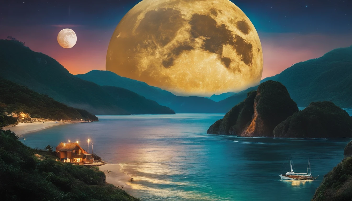Noisy record covers，The main object is a bottle of high-grade honey，The background is the moon and the sea