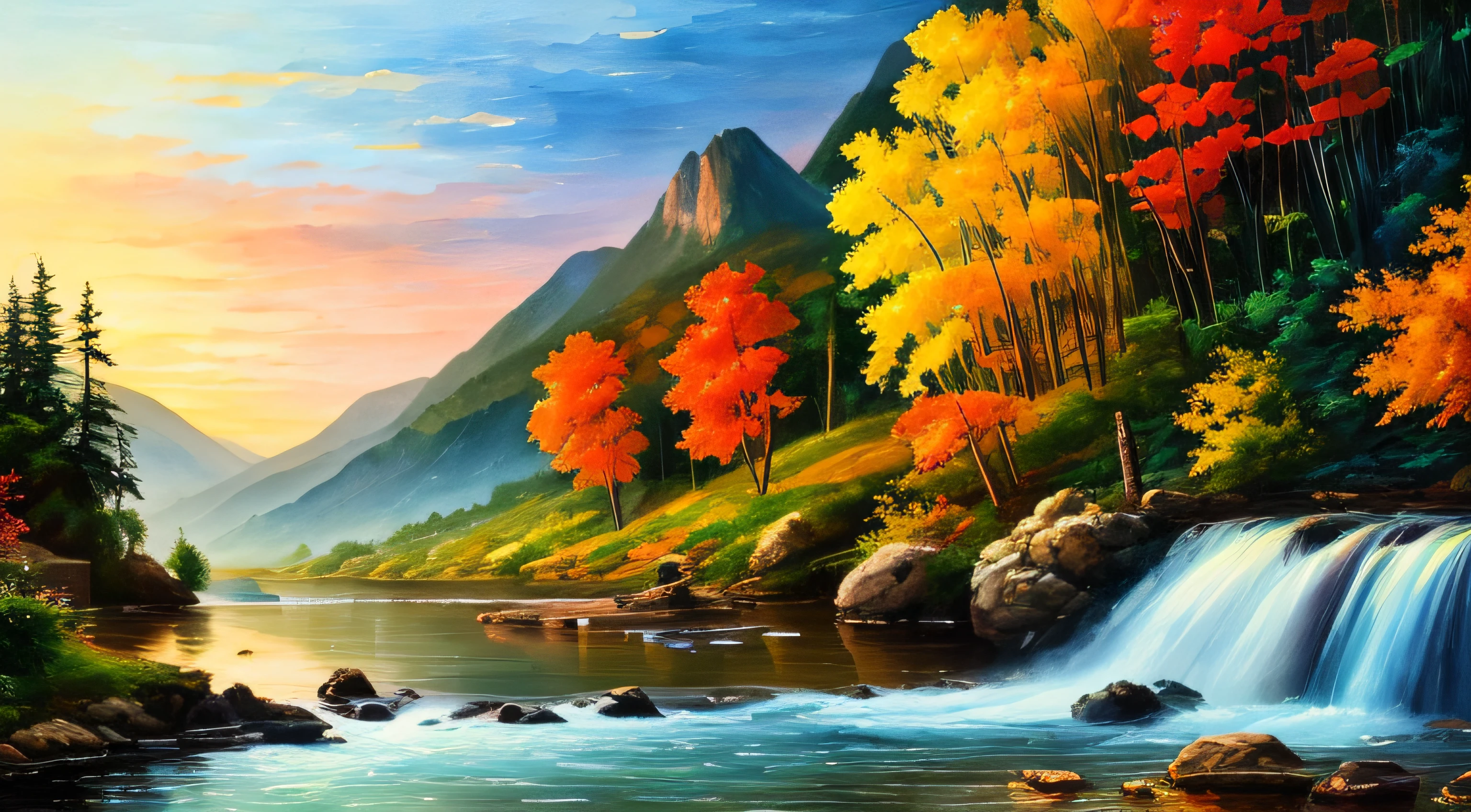 painting of fishing boat in river with a waterfall, Mountains background, 4 k watercolor painting, beautiful painting, 4 k, cottage in the forest, beautiful watercolor painting on paper, beautiful digital painting, smooth oil painting, beautiful art uhd 4 k, 8 k hd detailed oil painting, oil digital painting, Colorful Landscape Art On Canvas By Leonid Afremov