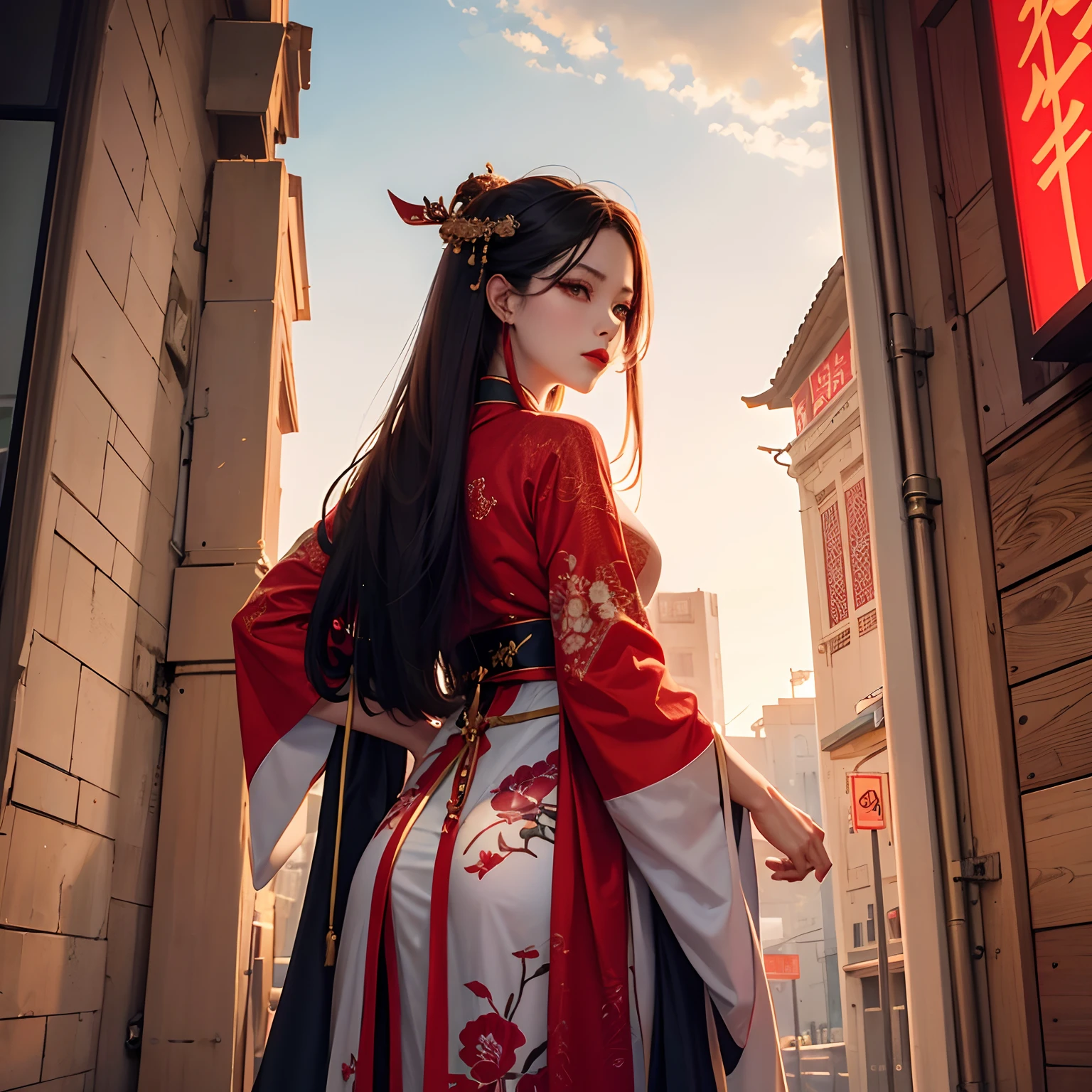 The young woman ,Standing with your back turned around, long straight hair., Hanfu Dandem with beautiful patterns.., angry, Red lips