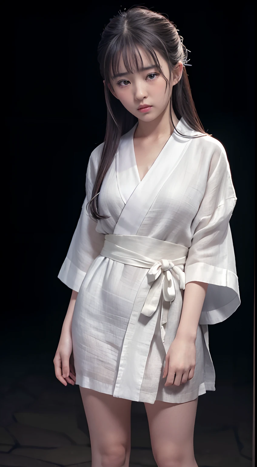 ((Best quality, 8K, Masterpiece :1.3)), Sharp focus:1.2 ， Photorealsitic，(Cinematic lighting)，Facial detail texture. Eye details. Double eyelids, Slender body. Super small breasts, -yeld gi photo-realistic:1.37，Perfect eyes, ((1 girl in a white yukata))，（white sash），(Thin fabric)，((Ragged linen)),With a petite figure，brunette color hair，Long hair draped loosely，Qi bangs，Hands tied behind his back，standing with legs apart，exposing thighs，Full body like，Clothing covers the whole body，folds，((solid color backdrop))，is shy，Be red in the face，weeping，streaming tears，Get wet