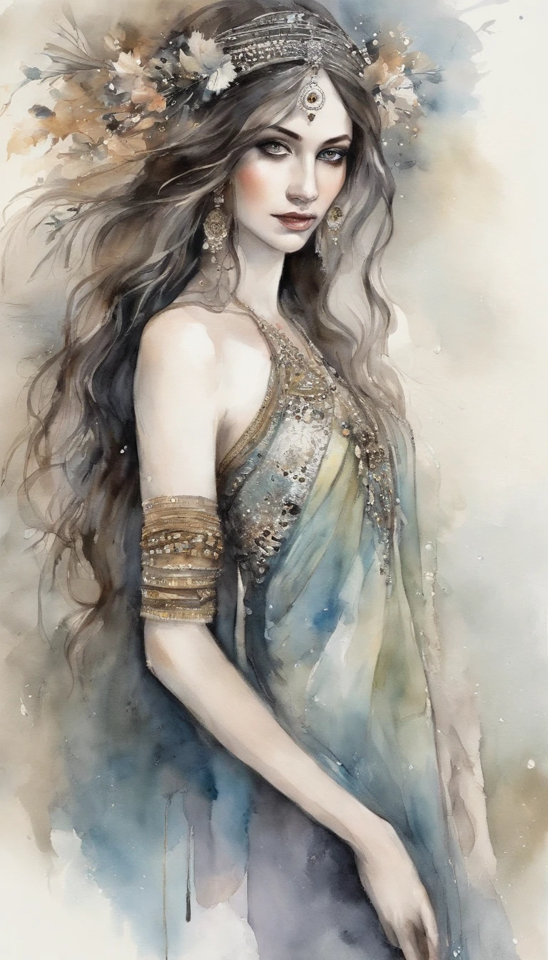 best qualtiy,tmasterpiece,K HD,1girll,(Full body photo,erect through), Nice face,(slim,Raised sexy),cold and glamorous,cropped shoulders,nabel,cabelos preto e longos,hair adornments,(Slender Leg,cross leg), komono,Beautiful teenage girl,Etheric dreams,beautiful goddess,Detailed scene, Eye-catching accessories, painting-like, ((From below))