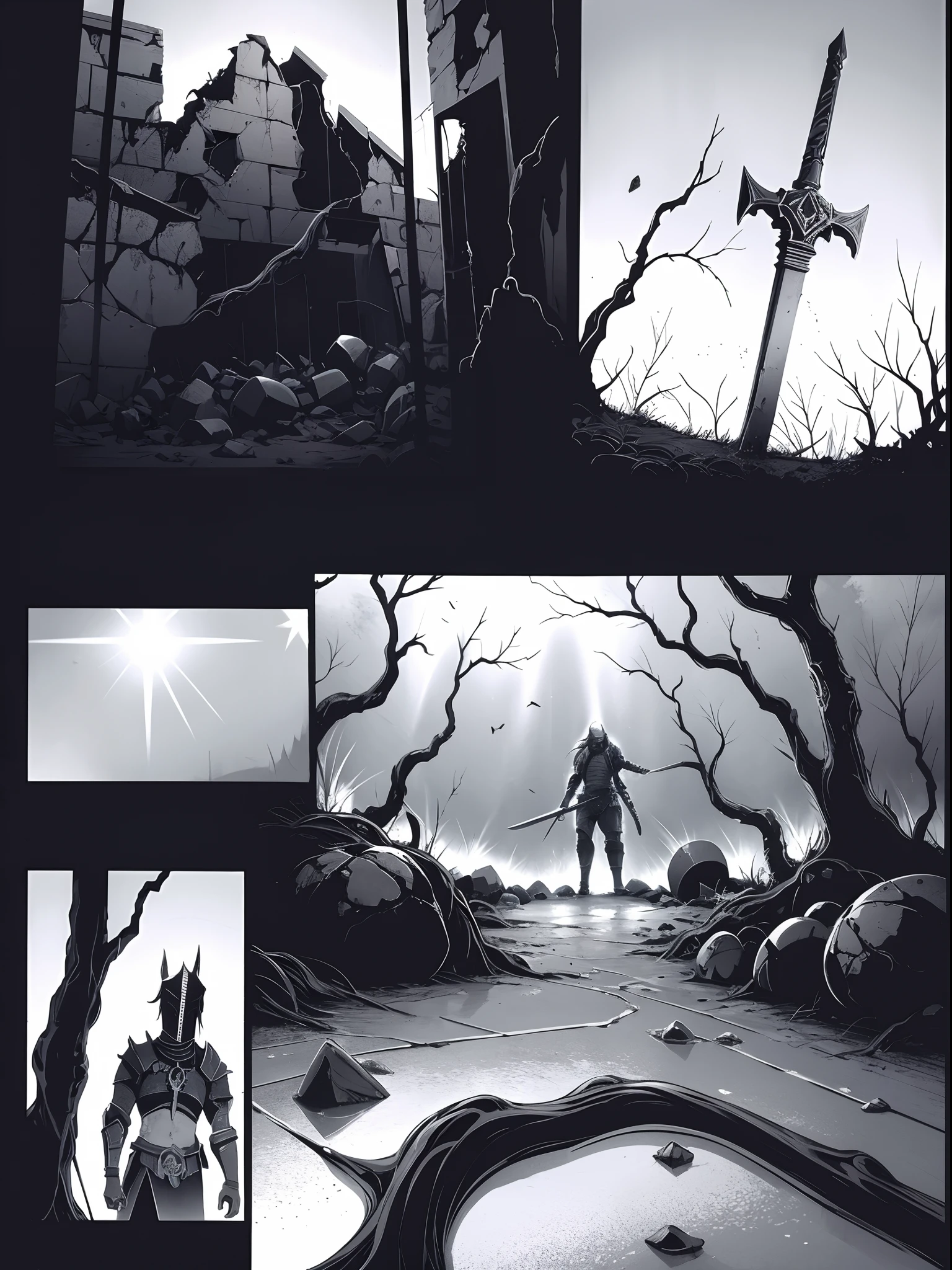 comic_layout, metal maden male chaos warrior of khorne in armor is holding a great sword in a ruined post-apocalyptic city, skulls mask, sci-fi, fantasy, horror, skulls on the ground, blood, Tornado, Roman, Empty chairs,Tangled roots,Key, Warped,Mangled,Ethereal, (Isolation:1.1), (Glaze:1.1), (Reflected light:1.2), Glass, Polygon, ultra detailed, intricate, oil on canvas, dry brush, (surrealism:1.1), (disturbing:1.1)