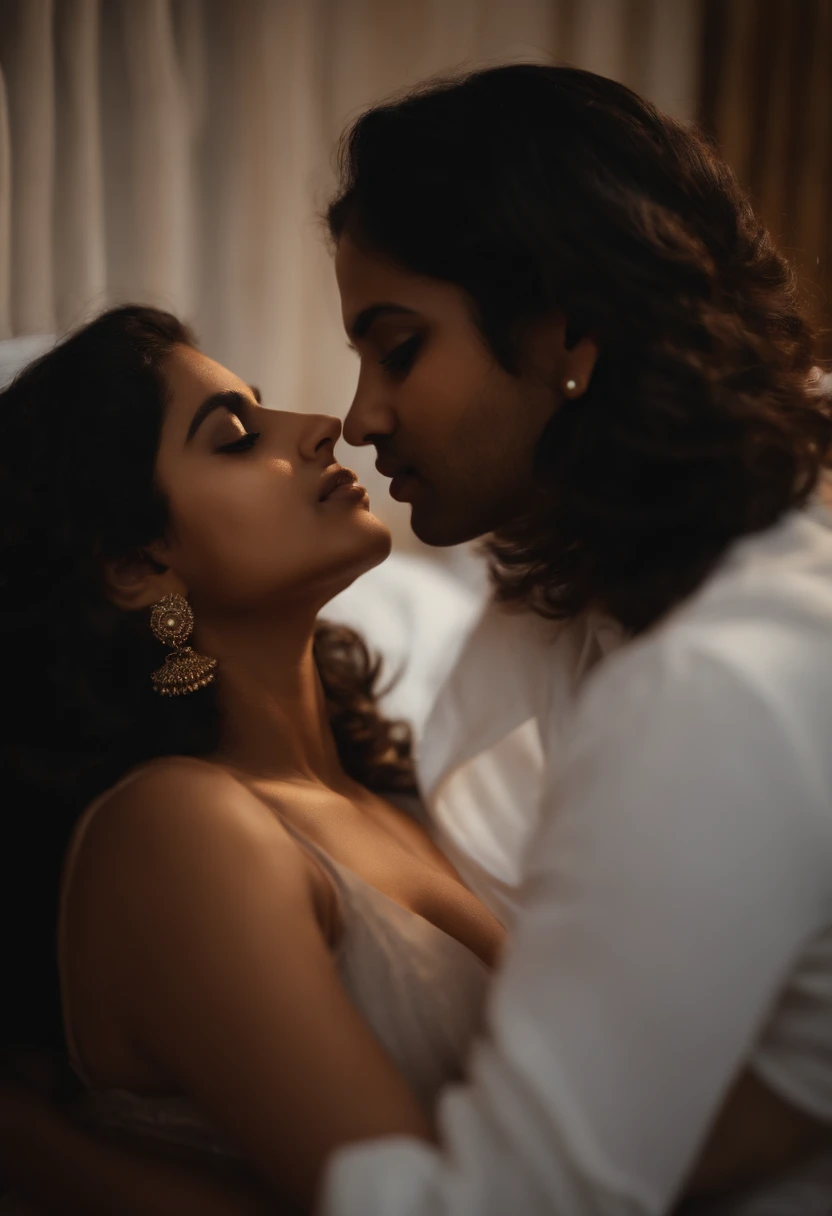 Two indian sexy girls,1 woman is a milf with to 16 age,otherwoman is young with 16 to year oggressively making out, on bed, night time, hugging tight, kissing passionately, lips touching, revealing clothes, stripping, bare skin, absolutely hot
