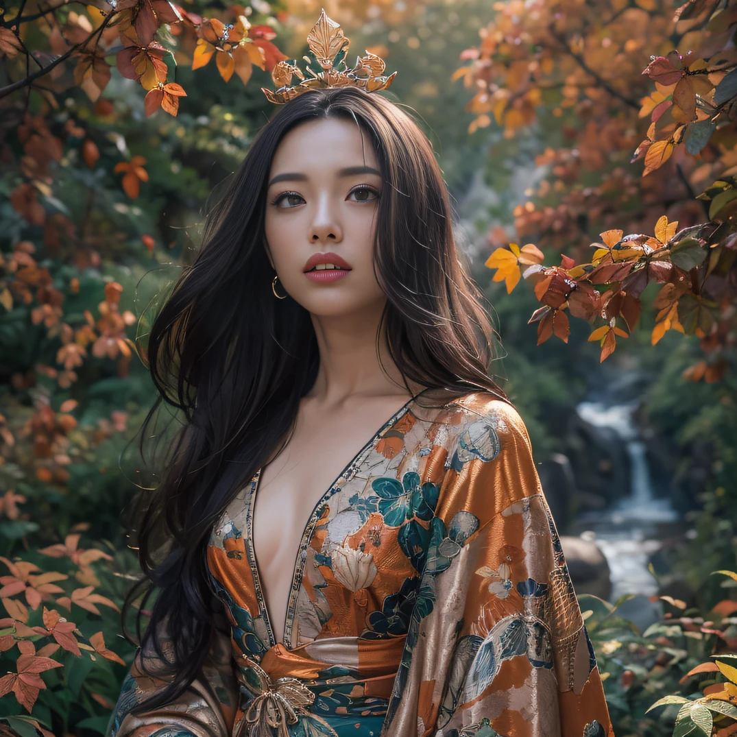 32K（tmasterpiece，k hd，hyper HD，32K）Long flowing black hair，Hermes Orange Park，Girls of love ，Flame protector（realisticlying：1.4），Python pattern robe，Purple-pink tiara，The leaves flutter，The canyon background is pure，Hold your head high，Be proud，The nostrils look at people， A high resolution， the detail，autumnal， RAW photogr， Sharp Re， Nikon D850 Film Stock Photo by Jefferies Lee 4 Kodak Portra 400 Camera F1.6 shots, Rich colors, ultra-realistic vivid textures, Dramatic lighting, Unreal Engine Art Station Trend, cinestir 800，Hold your head high，Be proud，The nostrils look at people