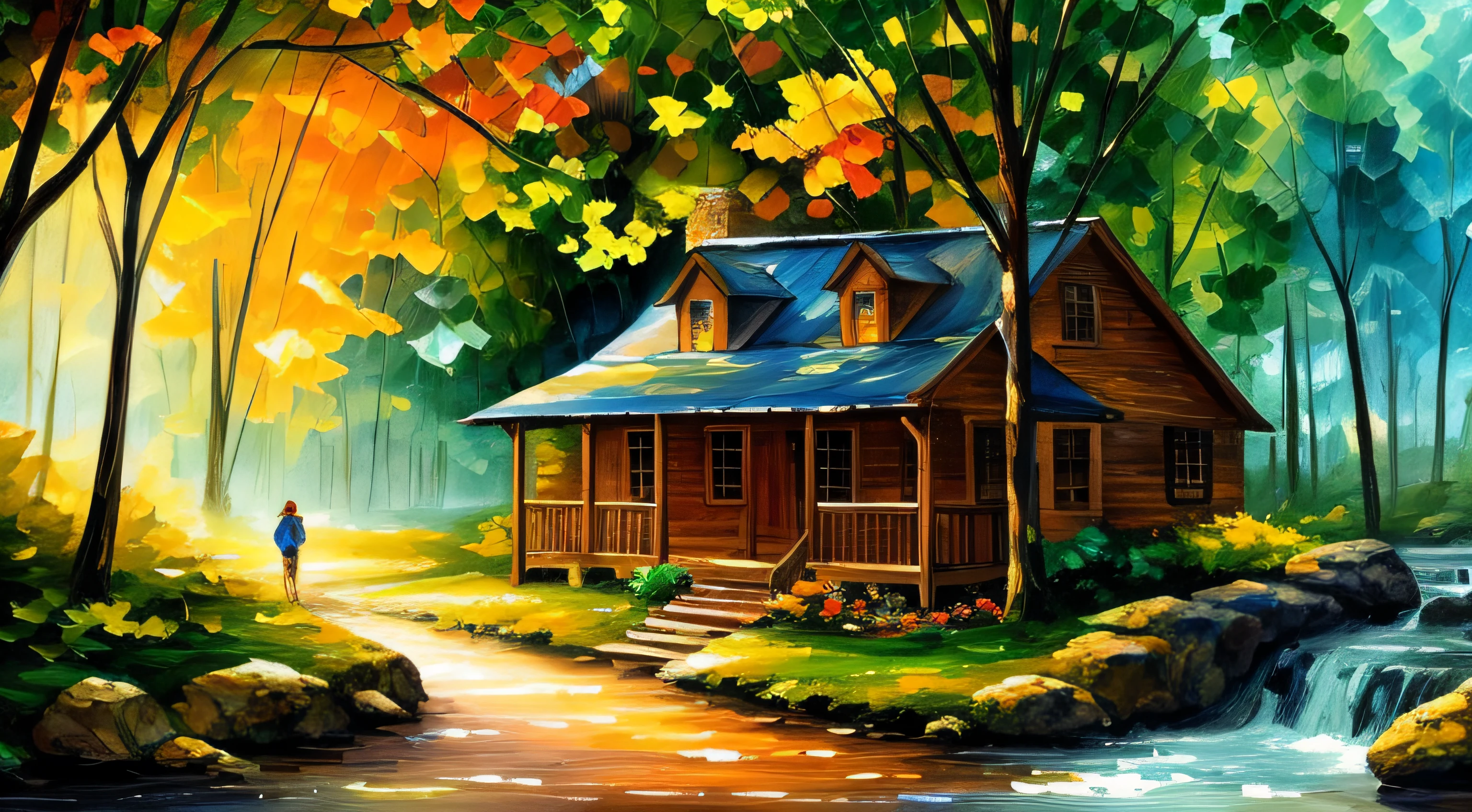 painting of a cabin under the big tree, stream with a waterfall, children play around cabin,  4 k watercolor painting, beautiful painting, 4 k, cottage in the forest, beautiful watercolor painting on paper, beautiful digital painting, smooth oil painting, beautiful art uhd 4 k, 8 k hd detailed oil painting, oil digital painting, Beautiful Landscape Art On Canvas By Leonid Afremov