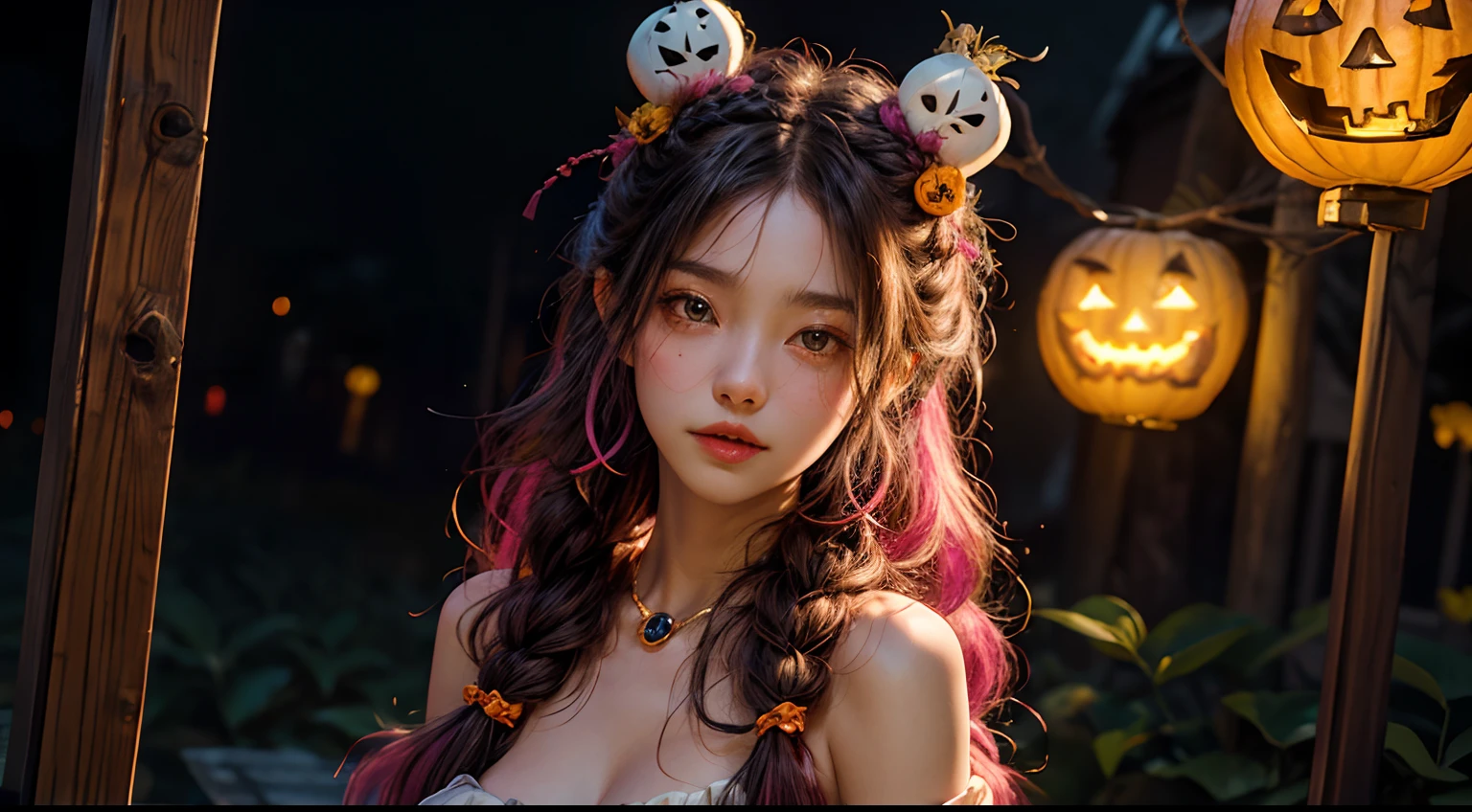 (masterpiece、top-quality、top-quality、Beautifully Aesthetic:1.2)、girl with hot pink long hair, braided hair (((Cute Shining Jack Lantern Head Girl)))、((I can't see the girl's face))、halloween night、highly detailed、colourfull、highestdetailed, centered image, midshot