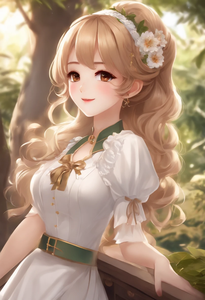 a 18 years beautiful girl, Big eyes, Large breasts, Petite and slim, 8K, Top quality, (Very detailed head: 1.0), (Very detailed face: 1.0), (Very detailed hair: 1.0), Maid clothes, Very detailed official artwork, Anime moe art style, clean and meticulous anime art, Smile, Golden hair, Smooth long hair