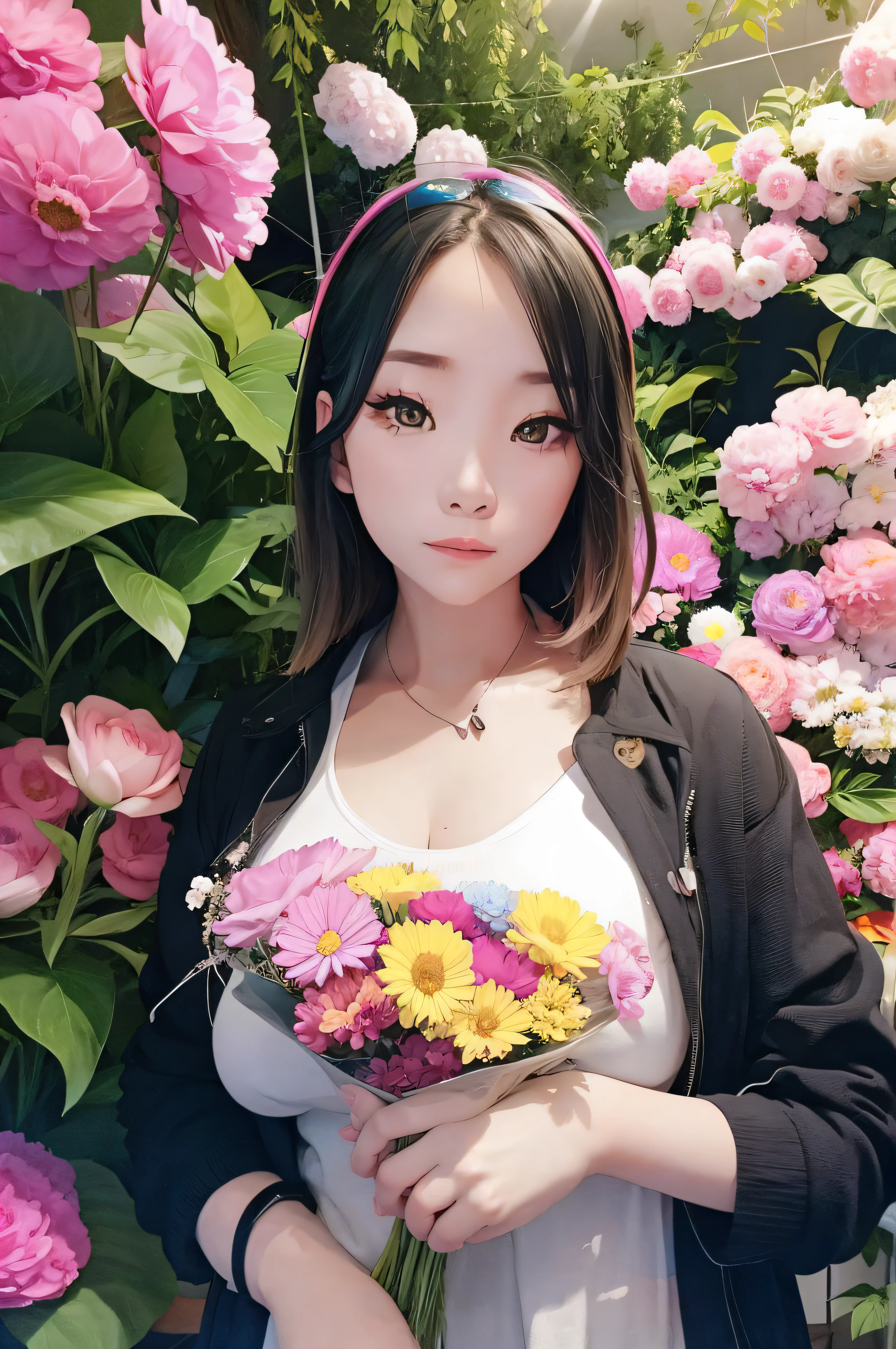 1 girl，Surrounded by flowers，colorful，Beautiful，