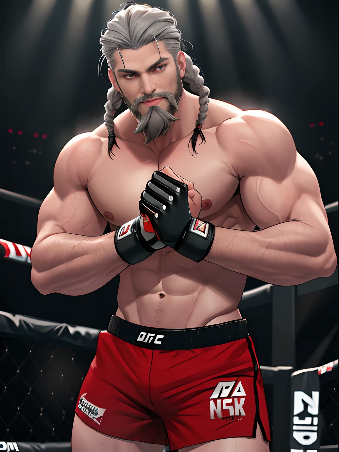 high res, 4k, 8k, masterpiece, sole_male, young, handsome, sole male, mature, handsome, muscular, ash grey braids, perfect face, detailed eyes and face, red eyes, sinister smile, viking beard, muscular, fighting pose, topless, MMA shorts, MMA gloves, MMA UFC, fighting ring atmosphere, dynamic lighting, high res, 4k, 8k, masterpiece, punching
