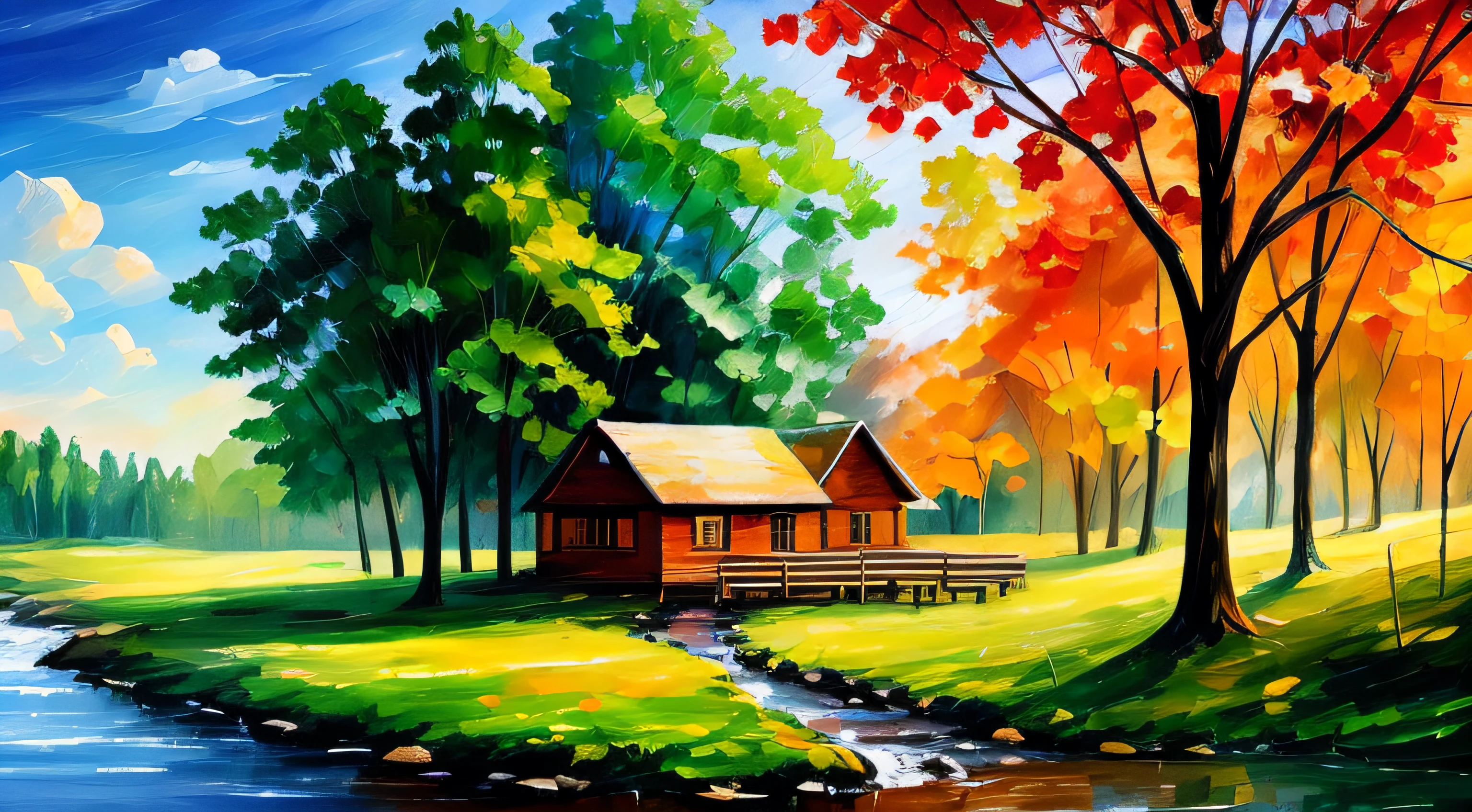 painting of a cabin under the big tree, stream with a waterfall, children play around cabin, 4 k watercolor painting, beautiful painting, 4 k, cottage in the forest, beautiful watercolor painting on paper, beautiful digital painting, smooth oil painting, beautiful art uhd 4 k, 8 k hd detailed oil painting, oil digital painting, Beautiful Landscape Art On Canvas By Leonid Afremov