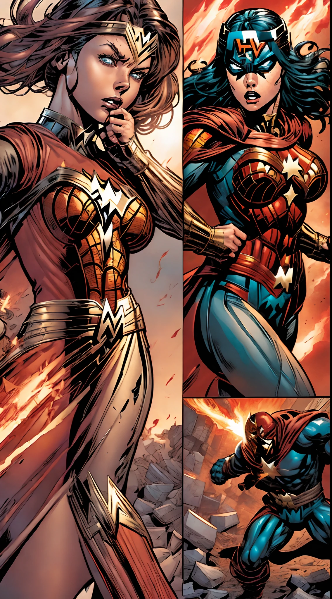(comic strip:1.5), Flame Woman and super villains engage in epic battles.