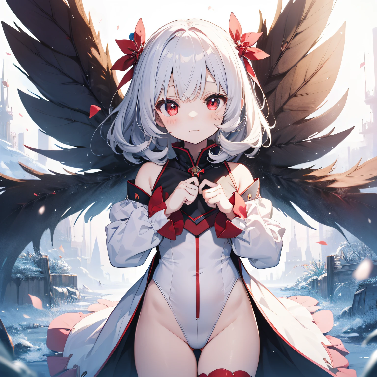 Beautiful illustration、top-quality、cute petit girl、(transform sequence)、magical 、((leotard))、Chibi、white magical girl、Fractal Art、albino、baby-face、long snow-white and red mesh hair,,,、Beautiful detailed red eyes、lighting like a movie、cowboy shot、looking at the viewers、frombelow、Happiness