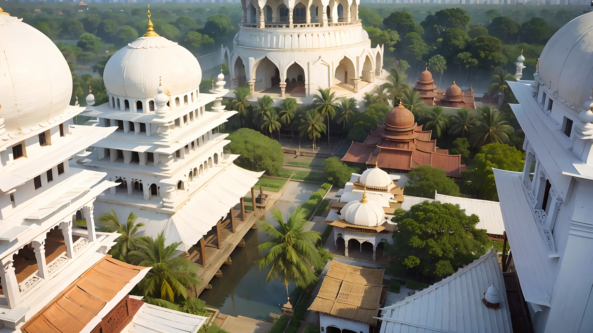 Cochin, metropolis, building on indian continent with complicated channels, White wall and yellow dome roof, 1pagoda, white buildings, many houses, many bazaars, many Hindu temples, next to Malabar Shore, South Indian, Kerala, Hinduism, India Style, prosperous, busy, luxurious, indian style mill, houses, entrepot of trade, Sunset, random views, important port on trade routes, 15th century, medieval, exterior view, landscape, large size, Indian architecture, indian bazaars, modest and simple, slight traffic, indian style mill, important port on trade routes, no chinese elements