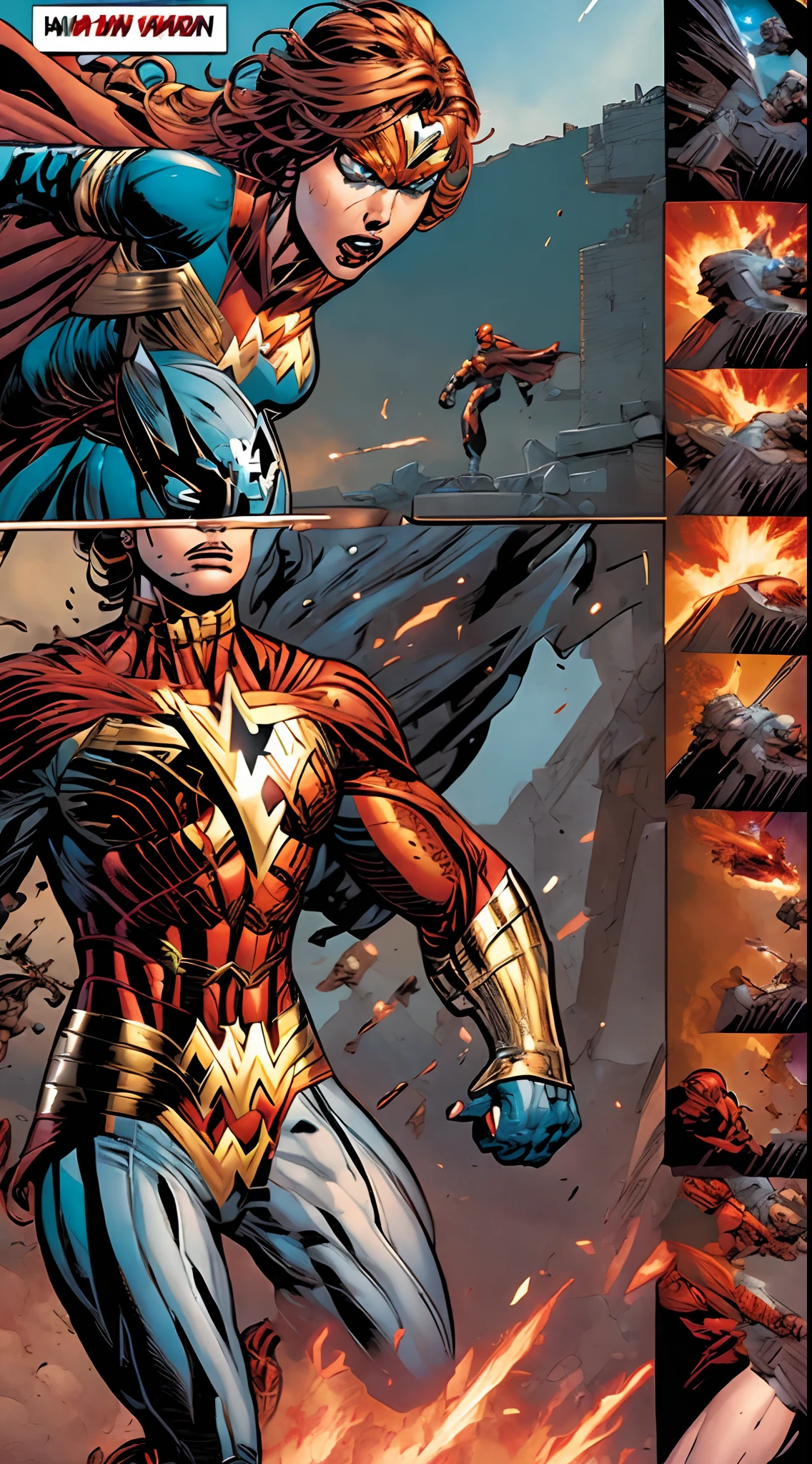 (comic strip:1.5), Flame Woman,Superheroes and supervillains engage in epic battles.
