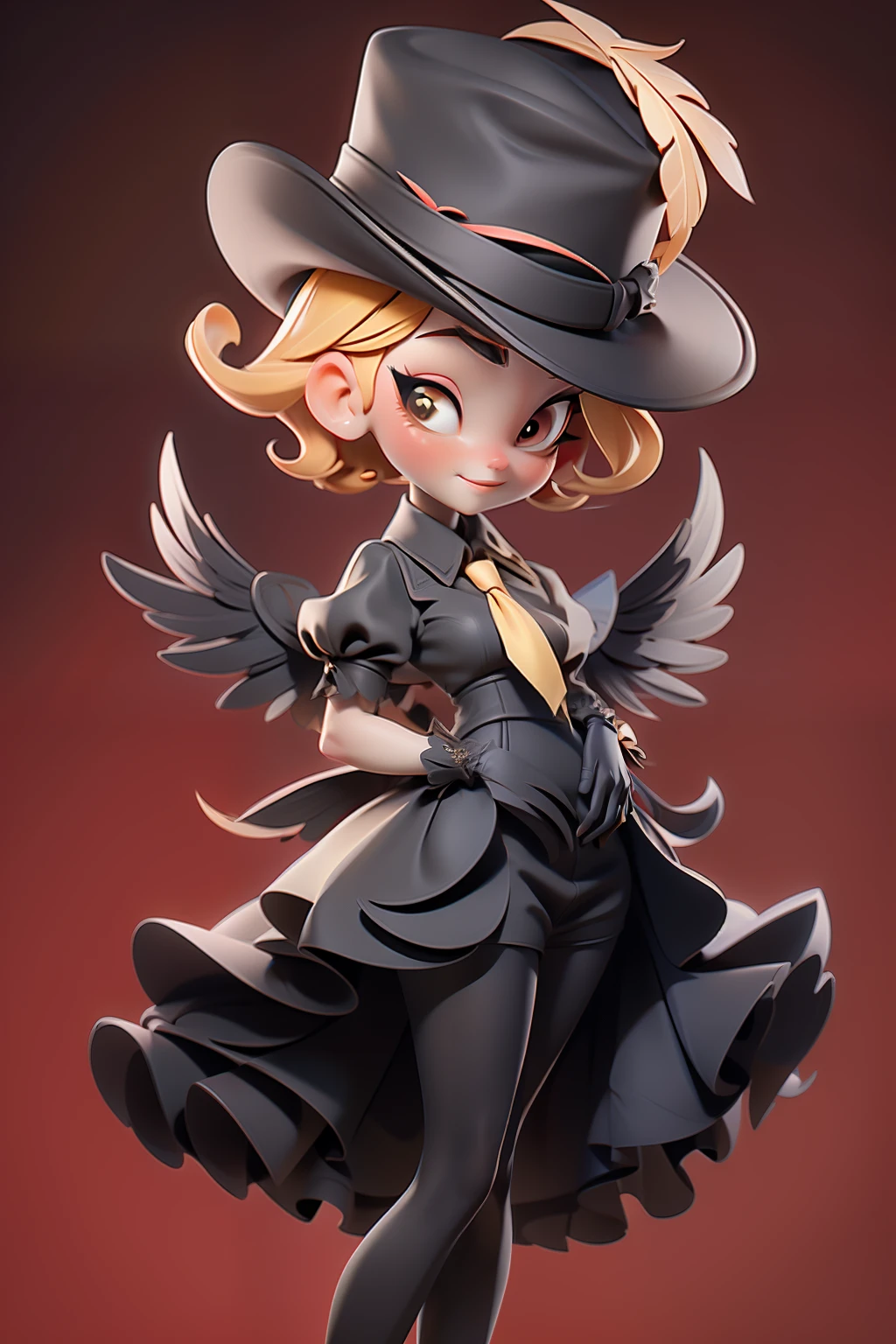 girl with short yellow blond hair with wings, fine tall lady, black gloves, black long red dress(paris style), hat with feathers, red necktie, cute pretty face with wide eye, france background